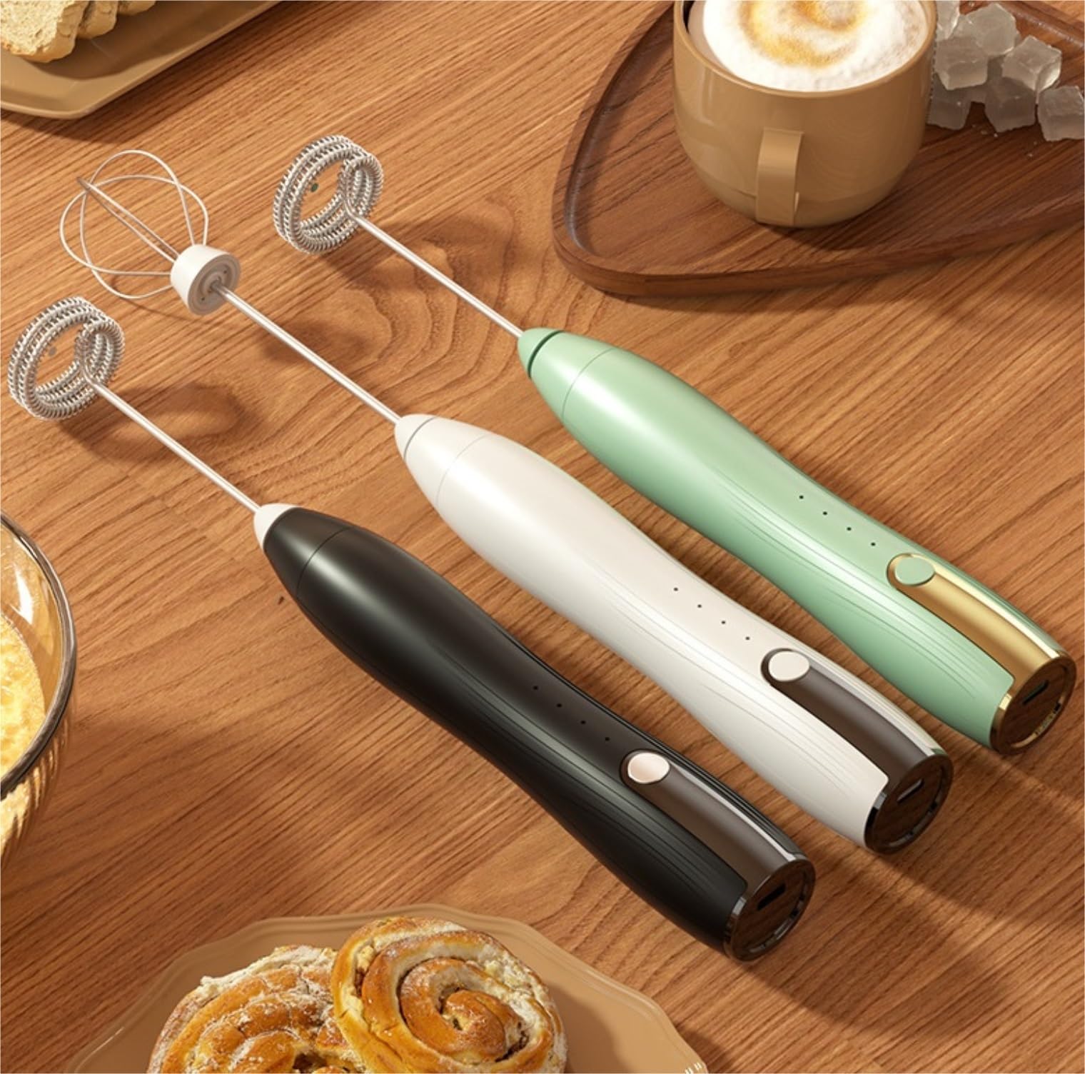 Mousseur Lait Cafés Fabricant Tenu dans La Main De Mousse Mousseur À Lait Rechargeable avec Le Fouet d'acier Inoxydable pour Café Pichets Mousse Lait Main(Grün)