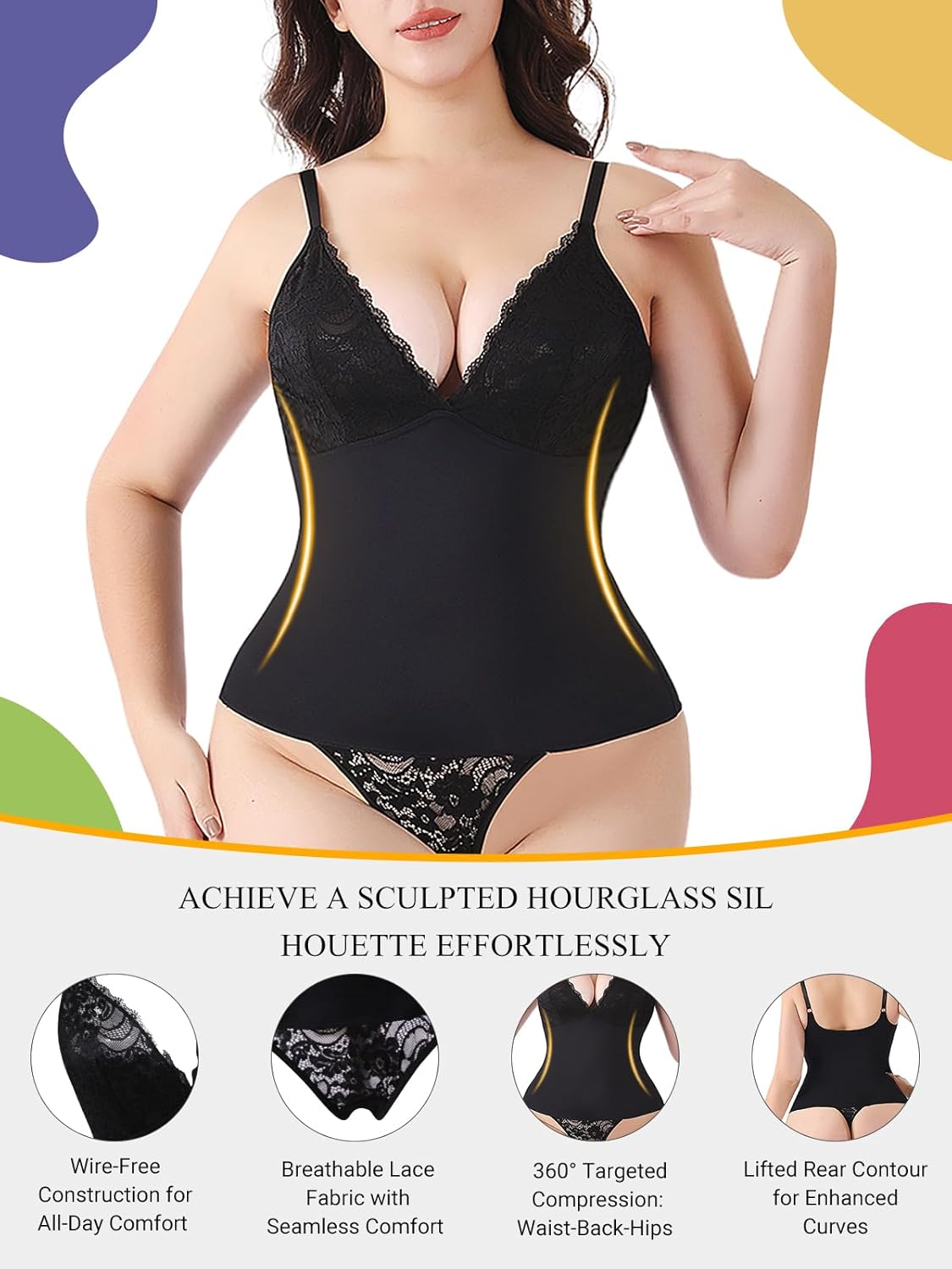 LFX Shapewear Bodysuits for Women Lace Shapewear Tummy Control V-Neck Sleeveless Bodysuit Tops Jumpsuit - Image 3