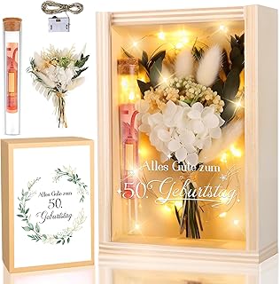 TUZELIYA 50 Geldgeschenke Geburtstag Frau Mann, Geschenkbox inklusive Trockenblumen+LED Lichterkette+Reagenzglas, Personalisiertes Geschenke zum 50 Geburtstagszahlen, 50 Jahre Geburtstag Deko