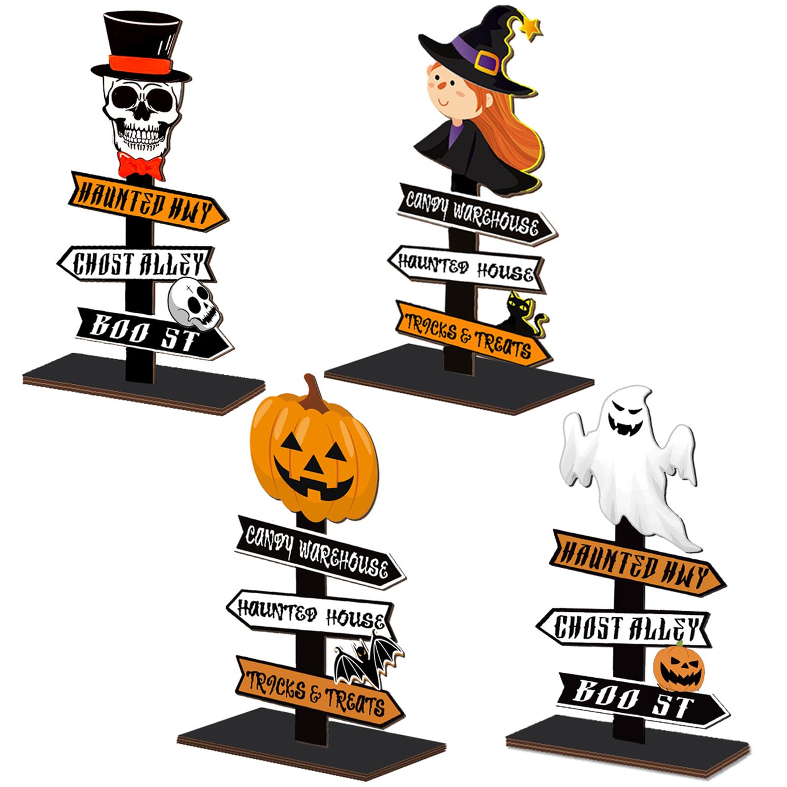 Qylazune Green 4 Pcs Halloween Table Tabletop Decorations Sign Cute Witch, Skull, Pumpkin, Ghost Direction Signs For Party Window Mantel And Tabletop Trick Or Treat Party Display Teens Room Decor