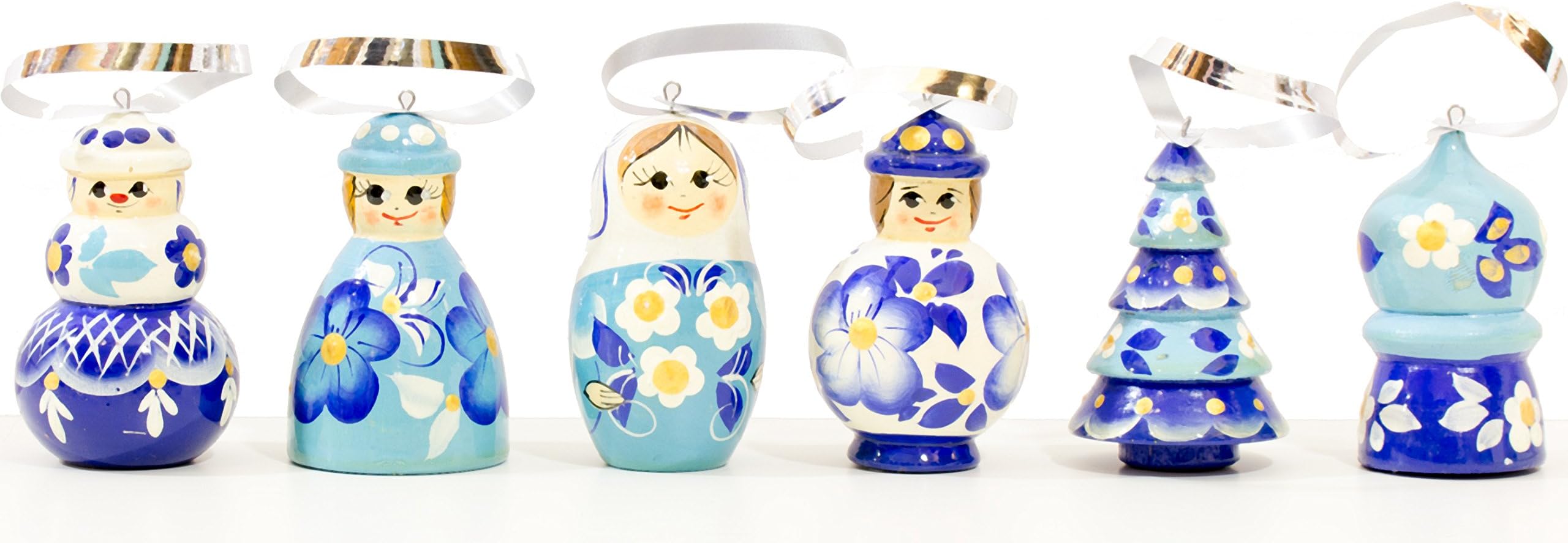 craftsfromrussia Wooden Hand-Painted Christmas Ornaments - Set of 6 - Handmade in Russia (6, Design H)