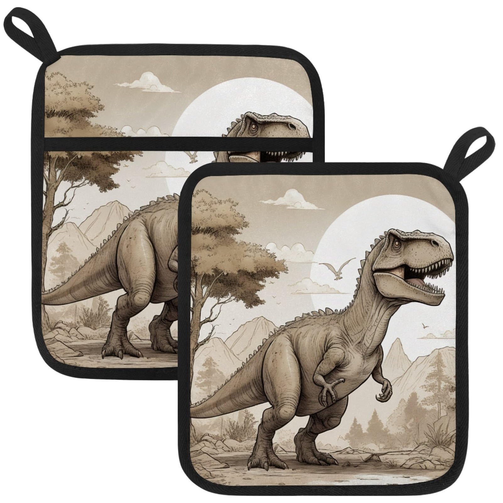 VAPOKF Funny Dinosaur Pot Holders with Pocket for Kitchen Heat Resistant Potholders Large Polyester-Cotton Square Oven Mitts Set