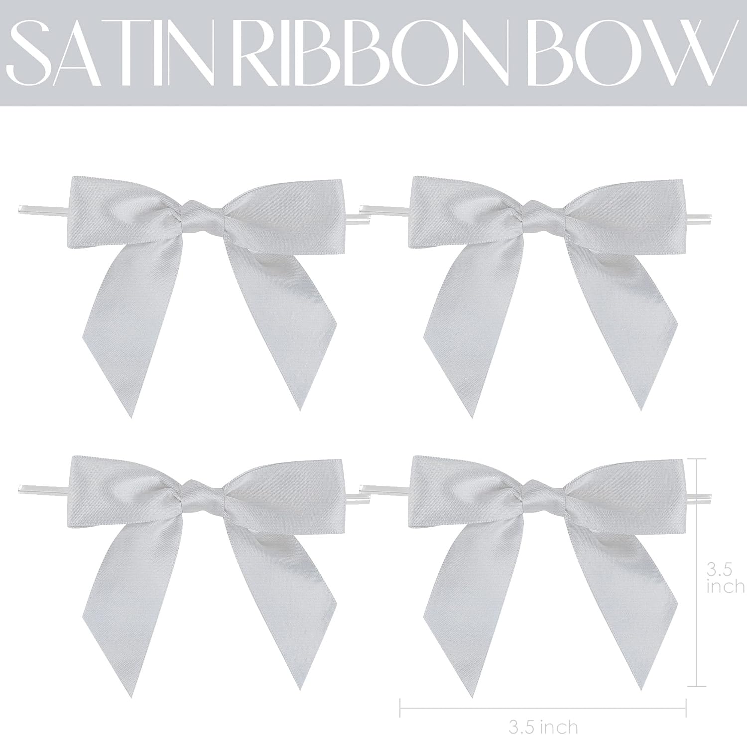 AIMUDI Silver Satin Ribbon Twist Tie Bows 3.5" Pretied Bows Premade Craft Bows for Treat Bags Cake Pop Gift Wrapping Basket Wedding Favors Cookie Candy Bagging Baby Shower - 50 Counts - Image 2