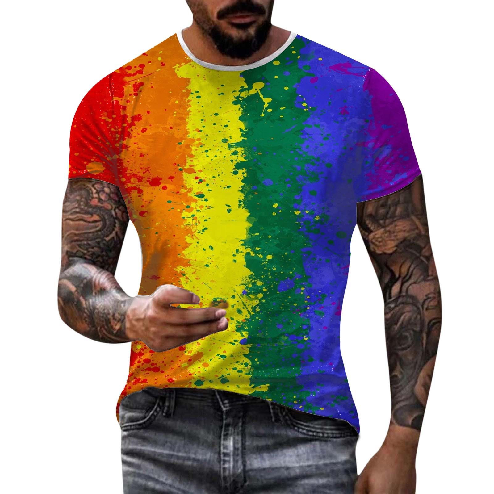 Regenbogen T-Shirts Herren Kurzarm Oversized Tshirt Bunt Rainbow T-Shirt Mit Aufdruck Modische Farbverlauf Tee Shirt Coole Streetwear Oberteil Streetstyle Tshirts Lustig Neuartiger Tops