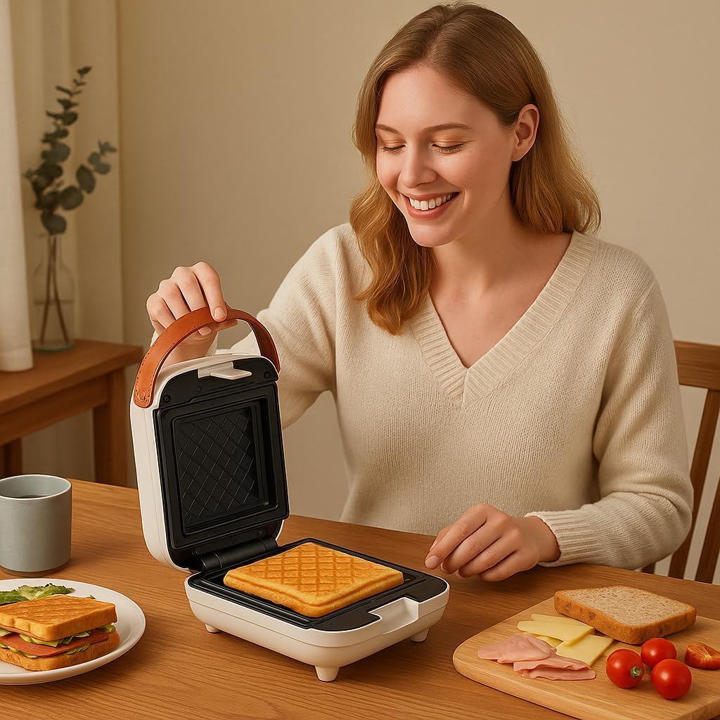 white 3-in-1 Sandwich Maker with Interchangeable Plates, Waffle Maker & Egg Waffle Machine, Non-Stick Removable Plates, Compact White Panini Press with Cool-Touch Handle for Breakfast Afternoon tea