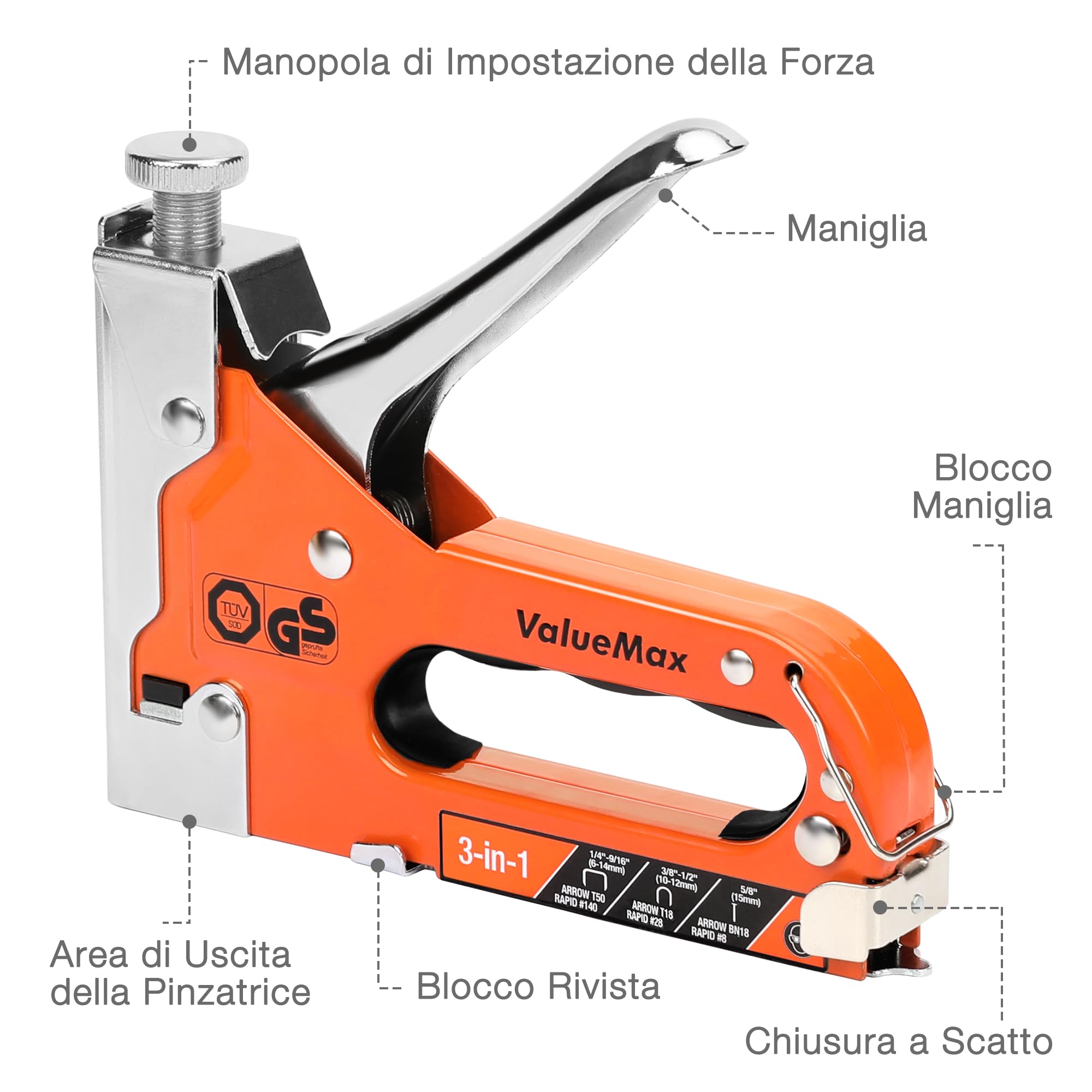 ValueMax - Spillatrice manuale multifunzione 3 in 1 con 3000 graffette, adatta per graffette n. 140, 28, 8, ideale per tappezzeria, materiale da fissaggio, decorazione