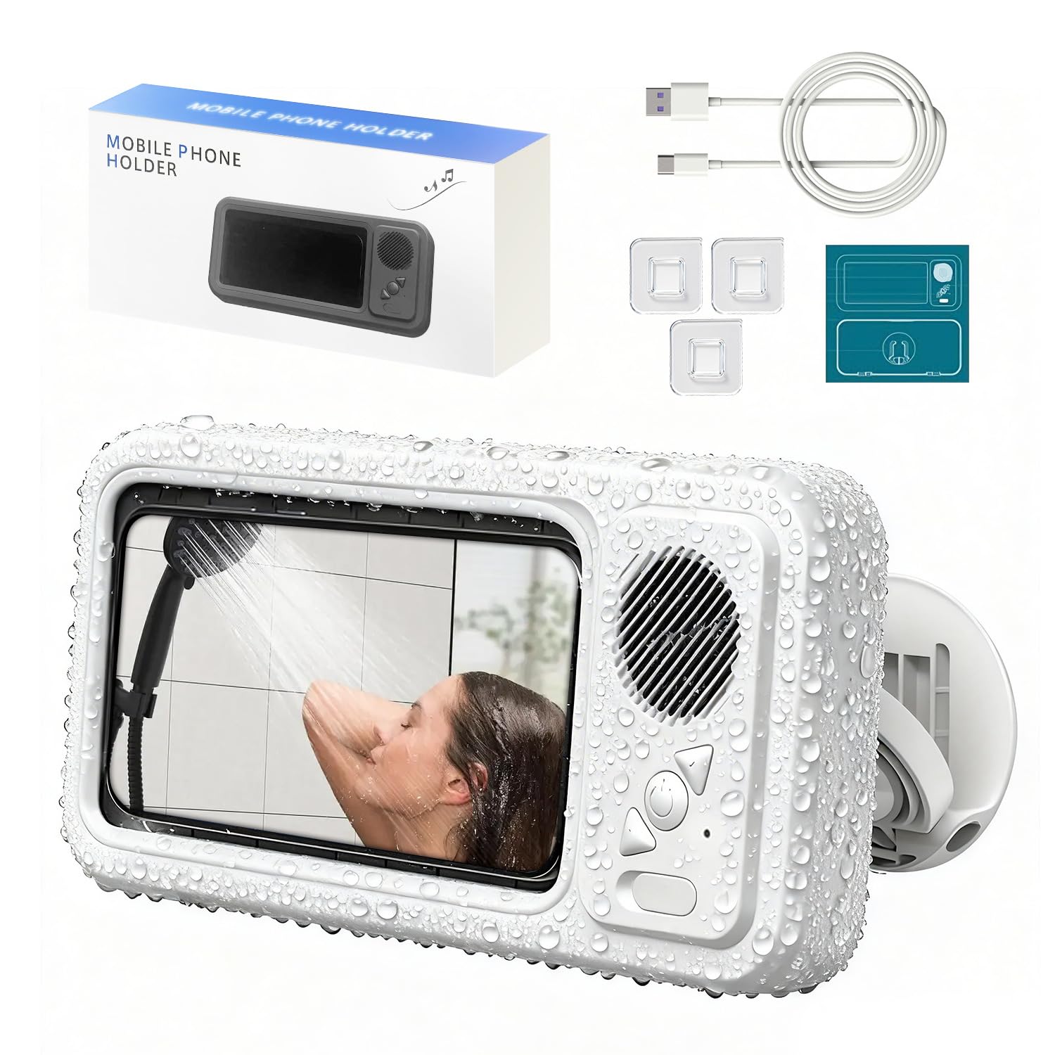 Waterproof Phone Holder with Speaker, Shower Phone Holder Waterproof, Shower Phones Holder with Wireless Bluetooth Speaker with 360° Rotation Ipx4 Waterproof, 60° Fixed Opening Angle (White) (White)-image-16