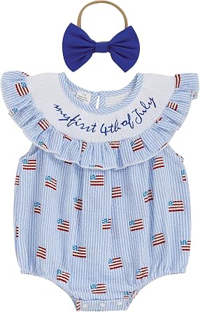 Sujhwsx Baby Girl 4th Of July Outfit Flag Embroidery Fly Sleeve Smocked Romper Independence Day Patriotic Jumpsuit