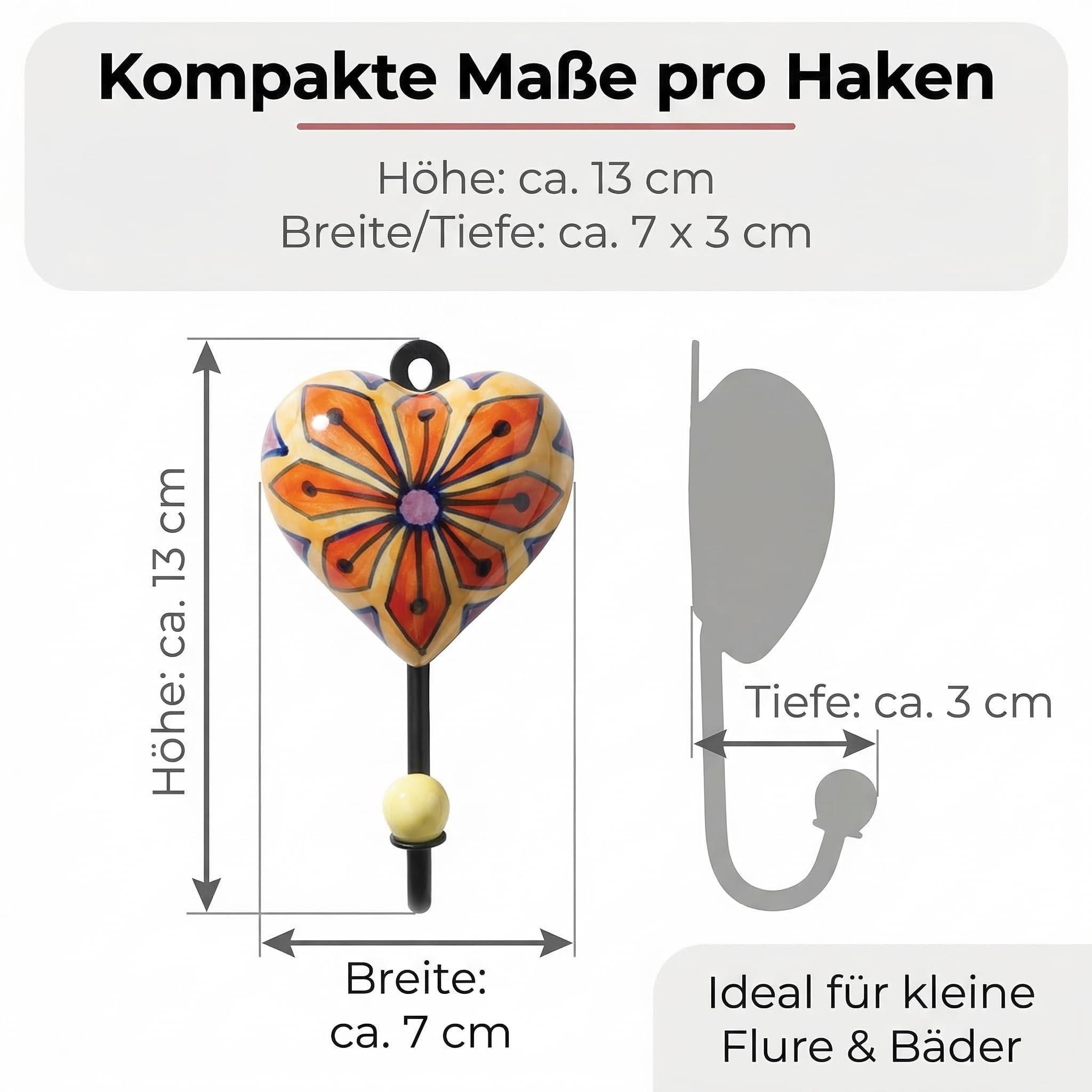 Wandhaken Herz aus Keramik und lackiertem Metall, handbemalt mit Blumenmuster, dekorative Garderobenhaken im Landhaus-/Boho-Look, kompakte Größe 13 x 7 x 3 cm, mehrfarbig, schwarz