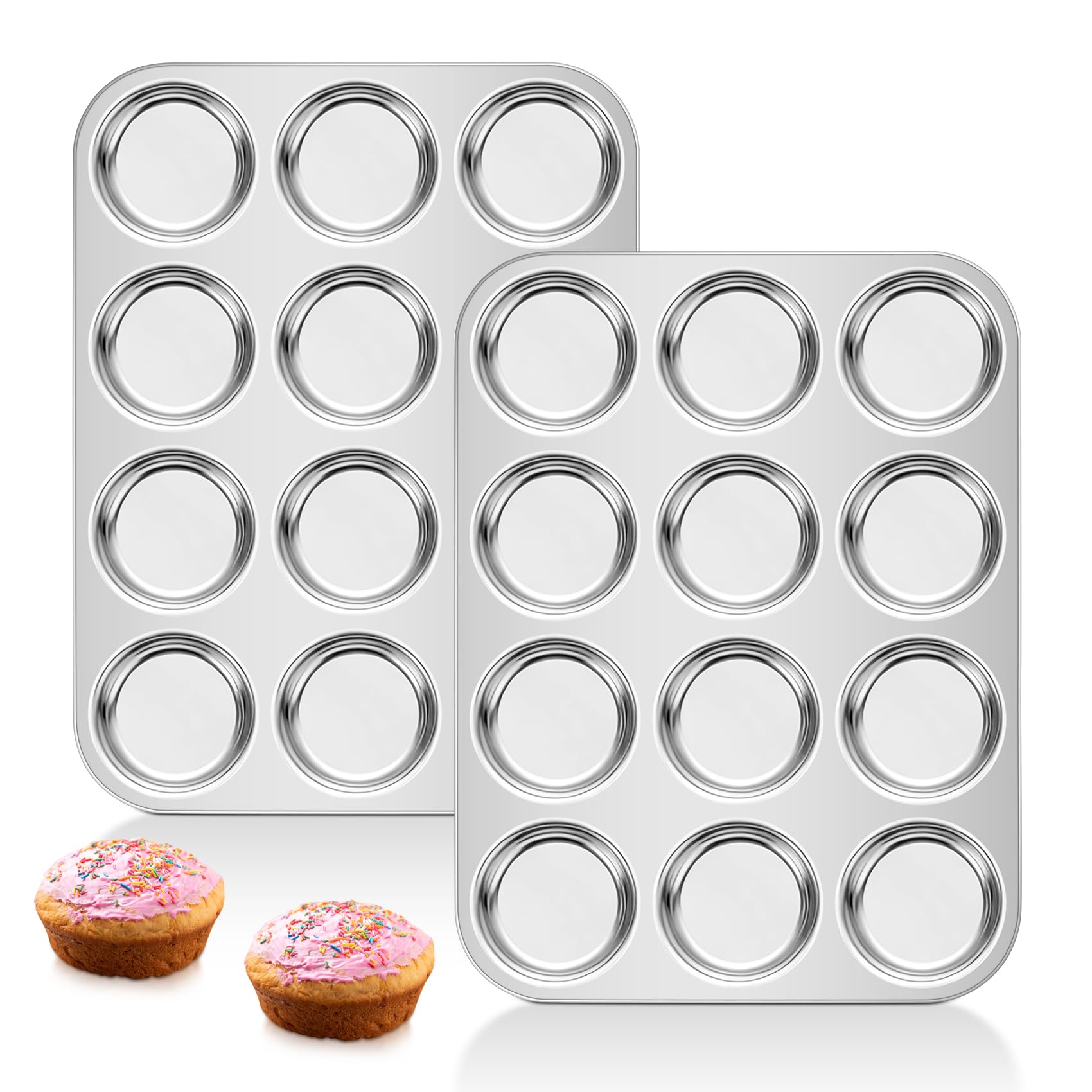 Onader Yorkshire Pudding Tray Set of 2, Stainless Steel Shallow Muffin Tin, Great for Baking Mince Pie, Brownies, Egg Tart and Biscuit, Non-Toxic & Heavy Duty, Oven & Dishwasher Safe