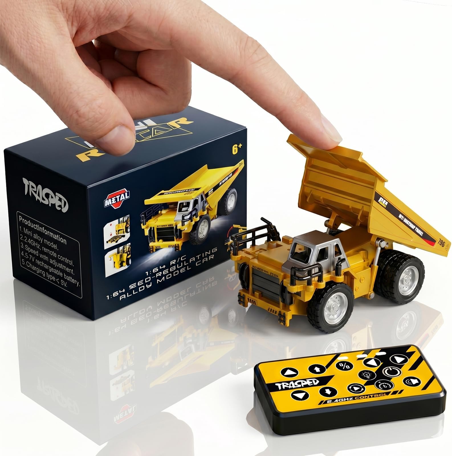 1/64 Mini RC Dump Truck, Mini Construction Toy for Desktop Play,Rechargeable Remote Control Truck with Lights & Sounds, Portable Gift for Adults & Kids