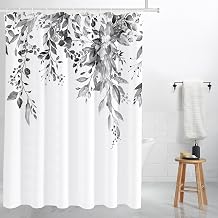 Tititex Black Eucalyptus Shower Curtain Sets, Watercolor Grey Leaves on The Top Plant with Floral Bathroom Decoration 72x84 Inch with Hooks