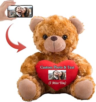 Personalised Teddy Bear w/ Photo & Custom Text on Red Heart, Stuffed Animals Holding Red Heart as Im sorry gifts for her/ Him on Valentine's Day/ Anniversary/ Birthday 8 IN-Red Heart