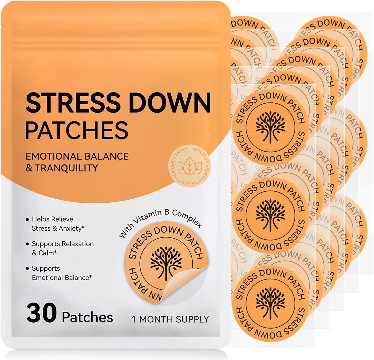 Stress Down Patches - Stress & Anxiety Relief, Cortisol Level Support for Women Men, 30 Patches