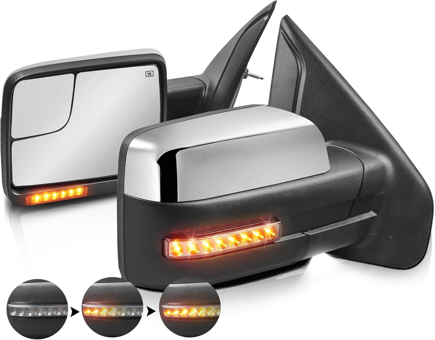 Power Heated Towing Mirror Compatible for 2004-2014 Ford F150 w/Sequential Turn Light Puddle Light Dynamic Streamer Signal Dural Beam (Pair Chrome)