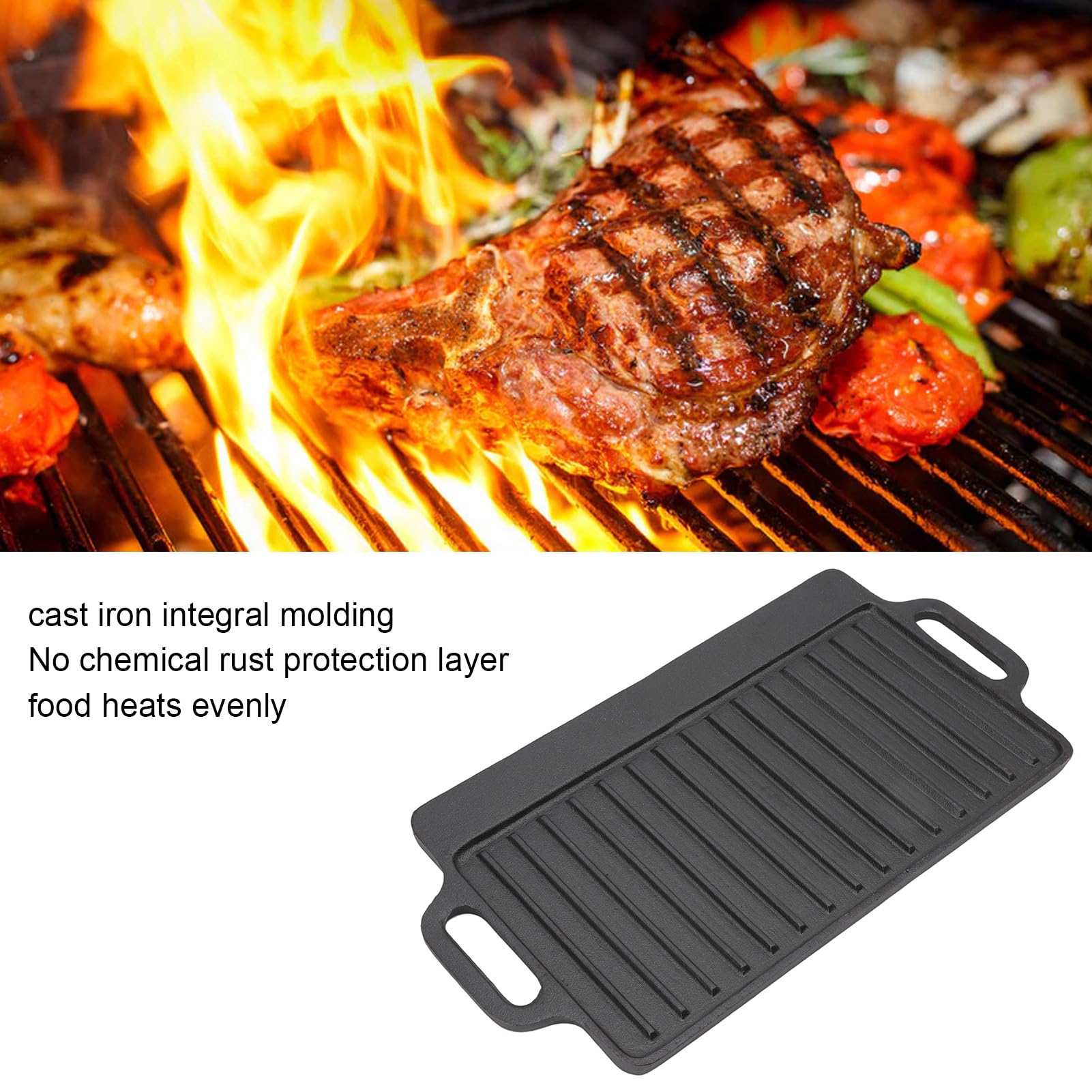 Parrilla de hierro fundido, placa Teppanyaki de doble cara resistente, plancha para estufa, sartén para barbacoa en interiores y exteriores, cocina, panqueques, filete, po (51x23CM)