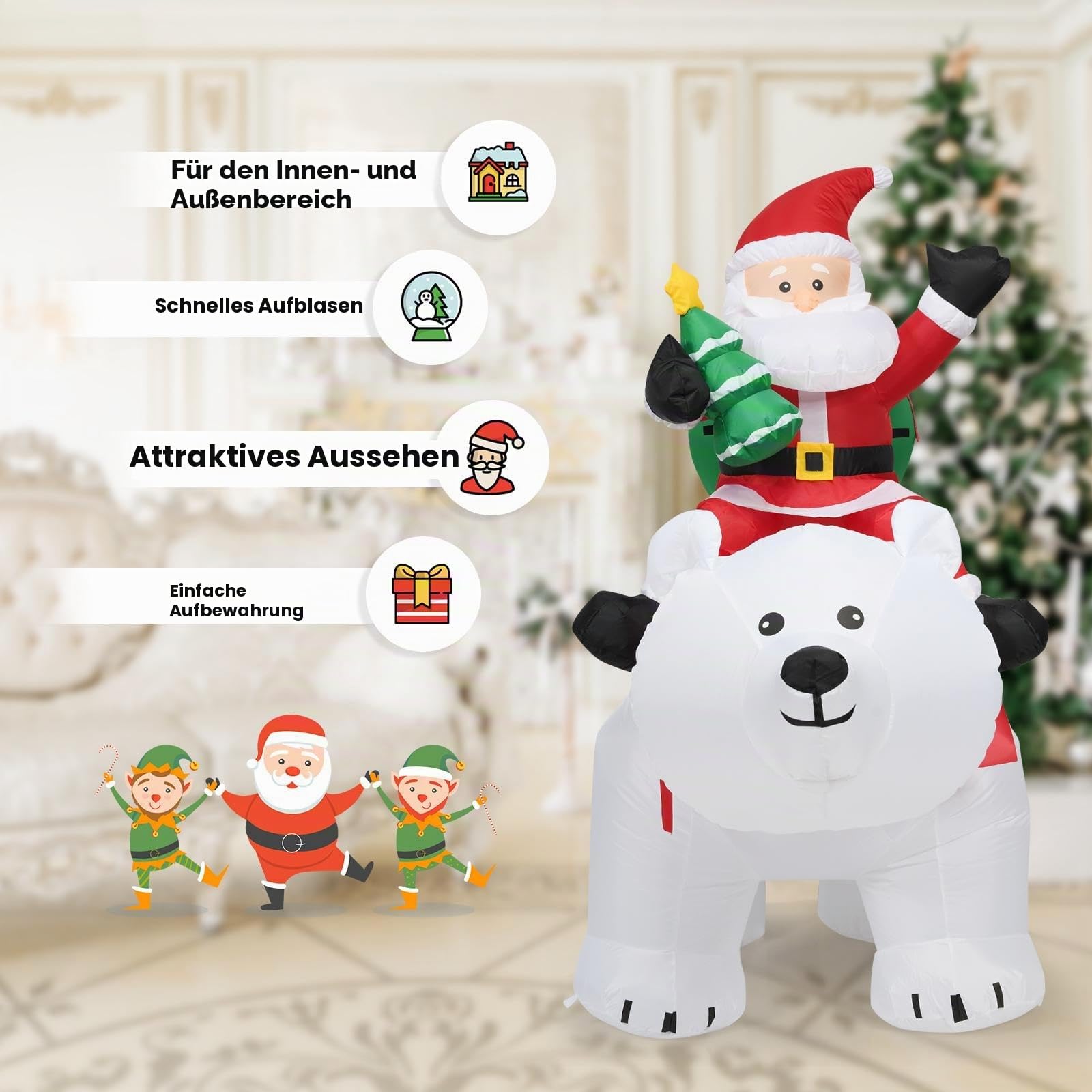 SOARS aufblasbarer Weihnachtsmann auf Eisbär, Weihnachten Eisbär mit wackelndem Kopf, LED, Weihnachtsdeko aussen XXL, Weihnachtsfigur, Weihnachtsbeleuchtung, 200 x 87,5 x 175cm