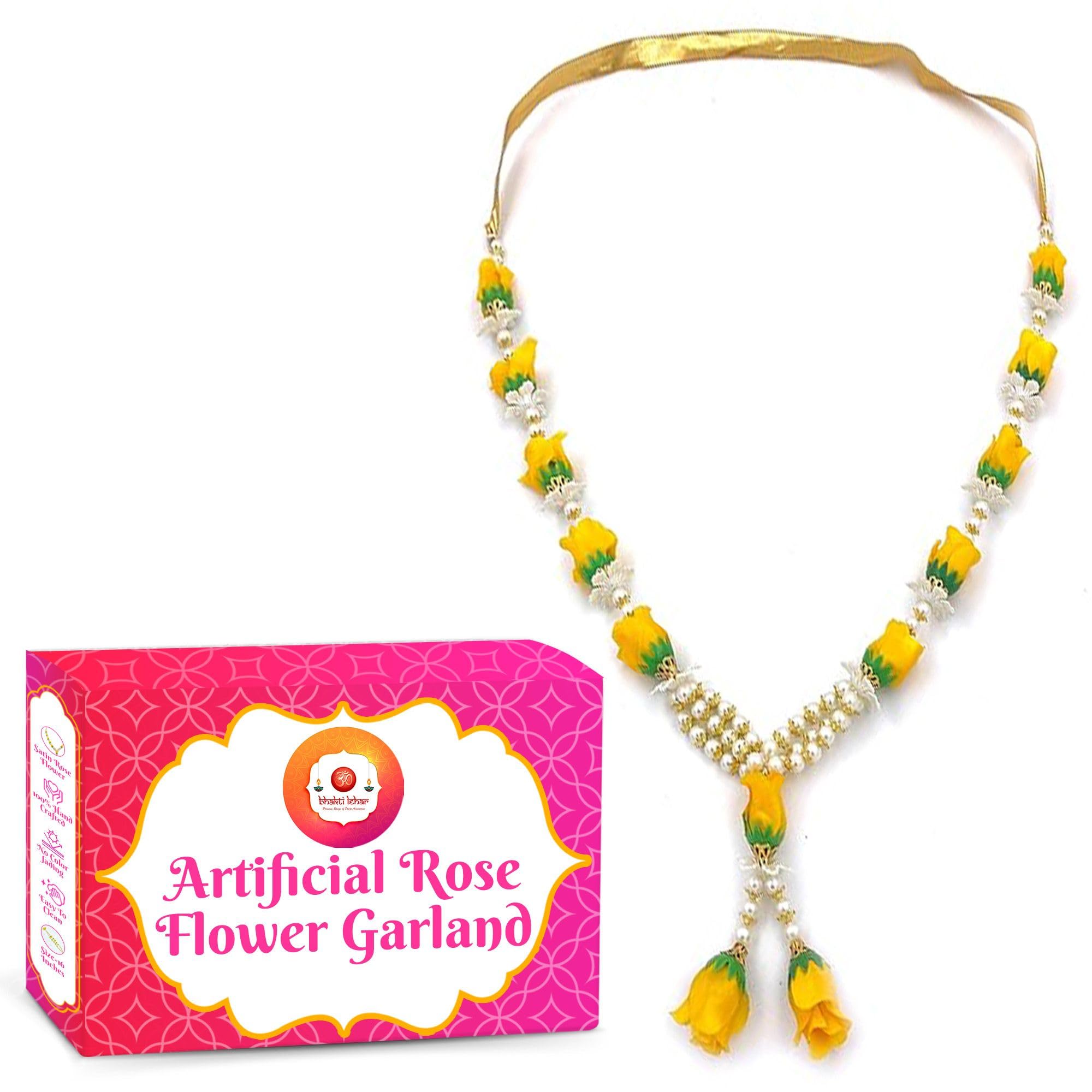 (Size: 16 Inch) Artificial Yellow Rose Garland for Photo Frame | Hand-Made Gulab Pearl Moti Mala for God Idol Photo and Loved Ones (Yellow)