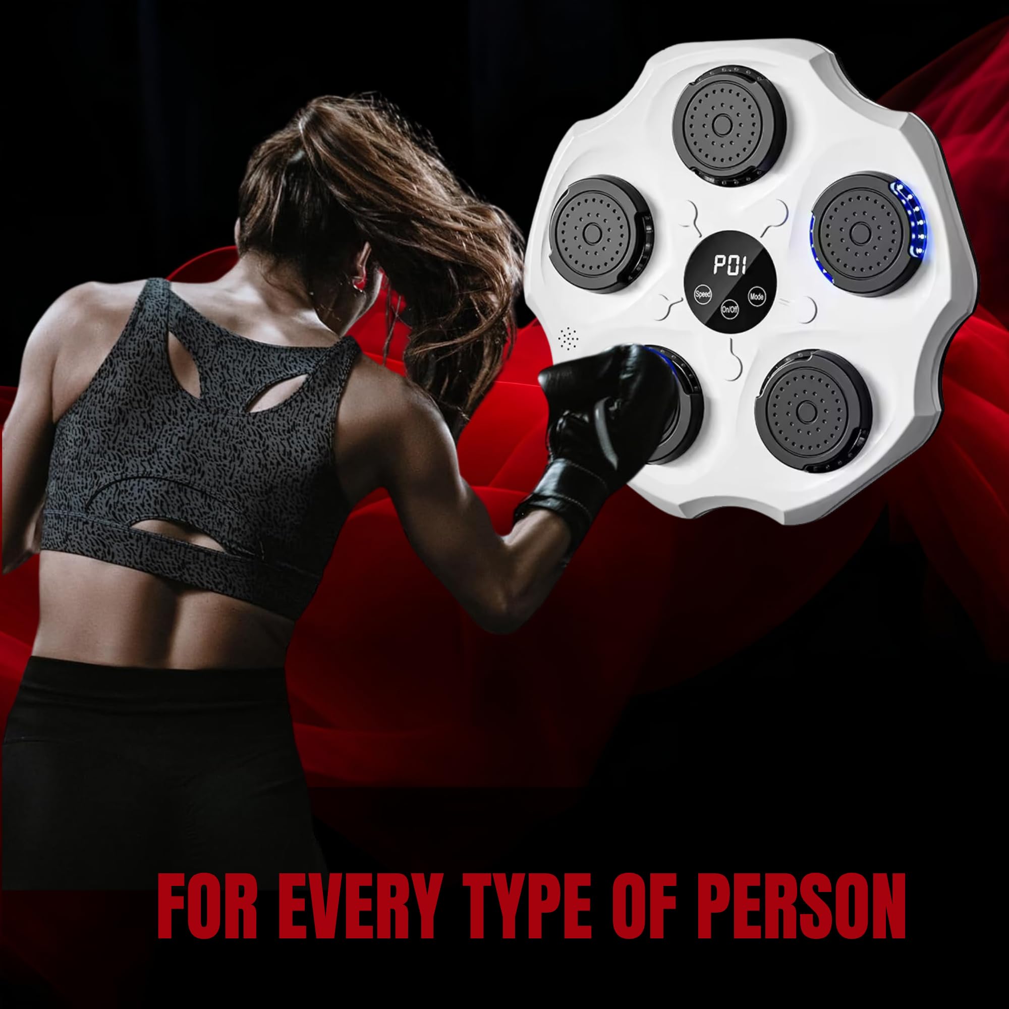 Muzyczna maszyna bokserska. Sprzęt do treningu ściennego z diodami LED, rękawicami bokserskimi, Bluetooth i światłami rytmicznymi do muzyki dla dzieci/dorosłych. (9 trybów, 43 x 43 cm)