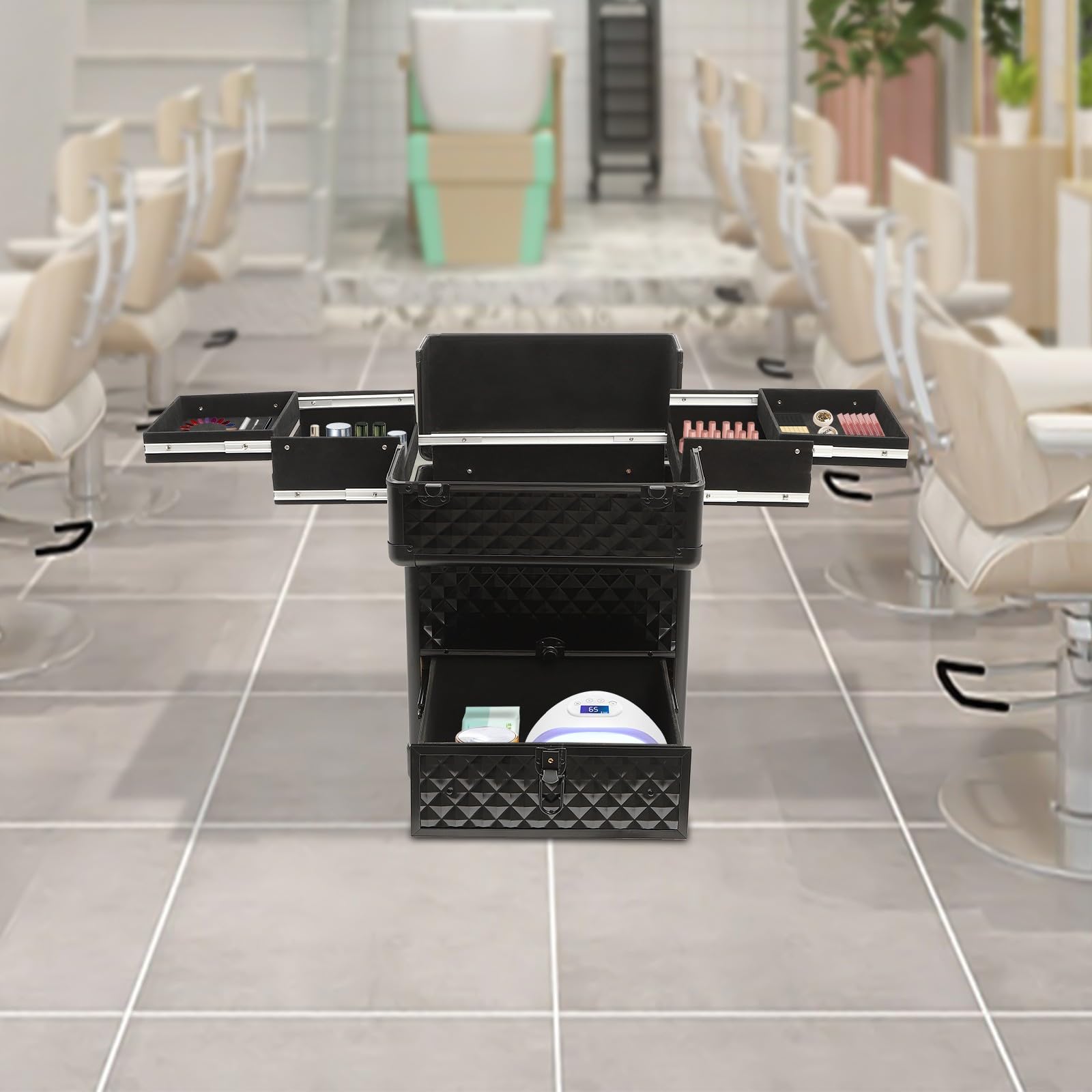 Makeup Koffer Kosmetikkoffer Visagistenkoffer Schminkkoffer Friseurkoffer Nagel Koffer Kosmetik Aufbewahrung für Studio und Reisen mit 7 Fächern und 4 Rädern (Schwarz)
