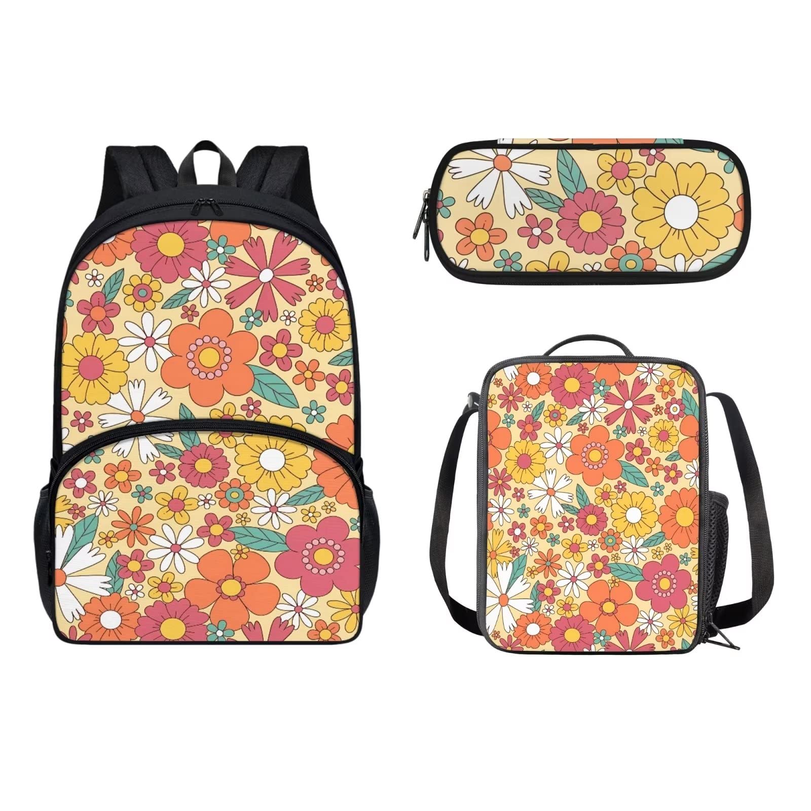 POLERO Mochila escolar de caballos para niños, juego de bolsas de almuerzo, estuche para lápices, 3 piezas, bolsas escolares, flores, Talla única, Mochila infantil