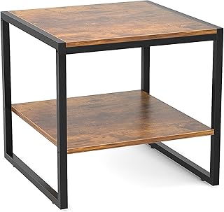 Homieasy End Table, 20 Inch Square End Table, Mini Fridge Stand with 2-Tier Storage Shelves, Industrial Wood Side Table Small Table Stand for Living Room, Bedroom, Office, Rustic Brown