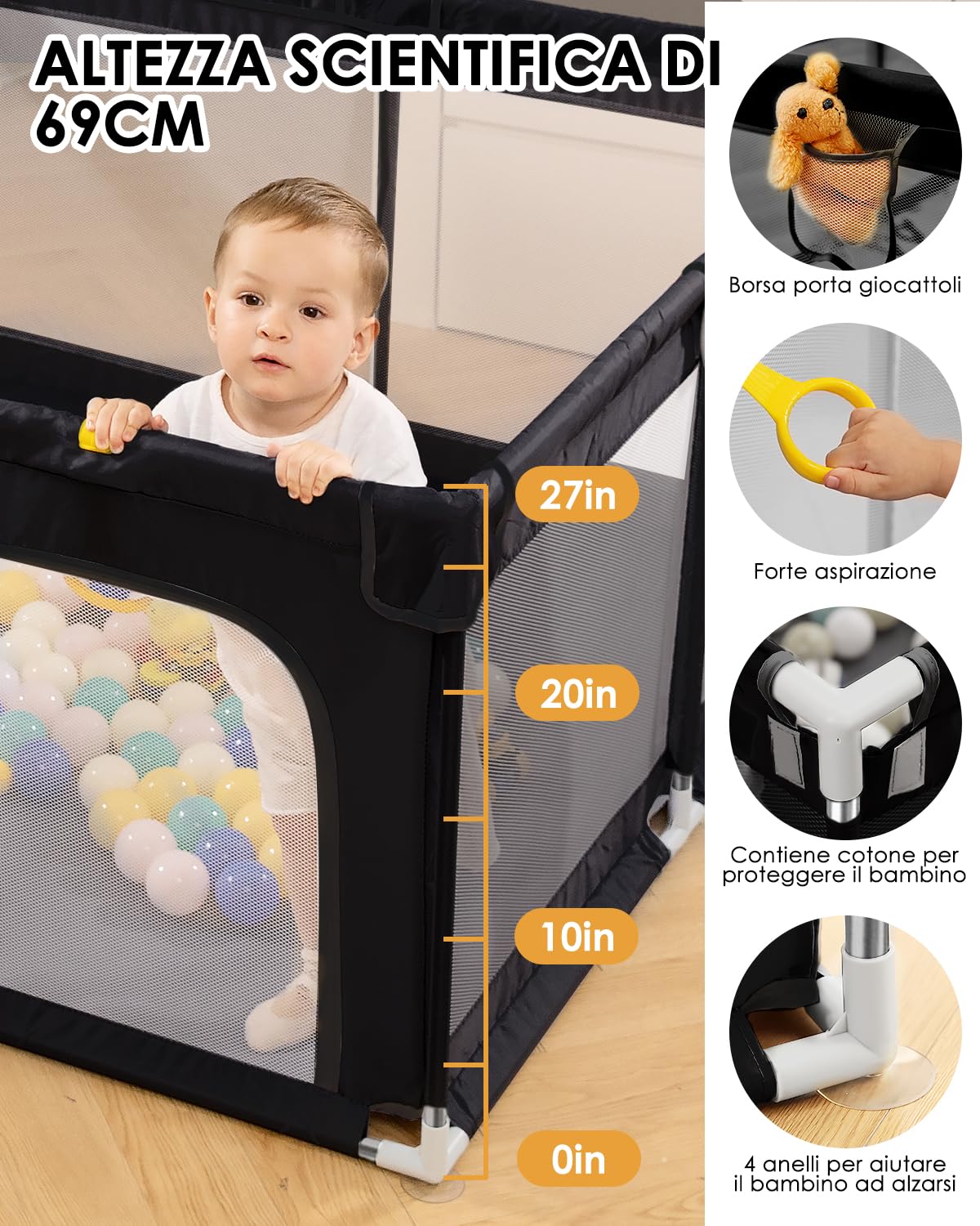 derimkcoa Box per bambini, grande recinto di sicurezza per bambini e bambini, per interni ed esterni, con ventose antiscivolo e cerniera (130 x 130 x 66 cm, nero)