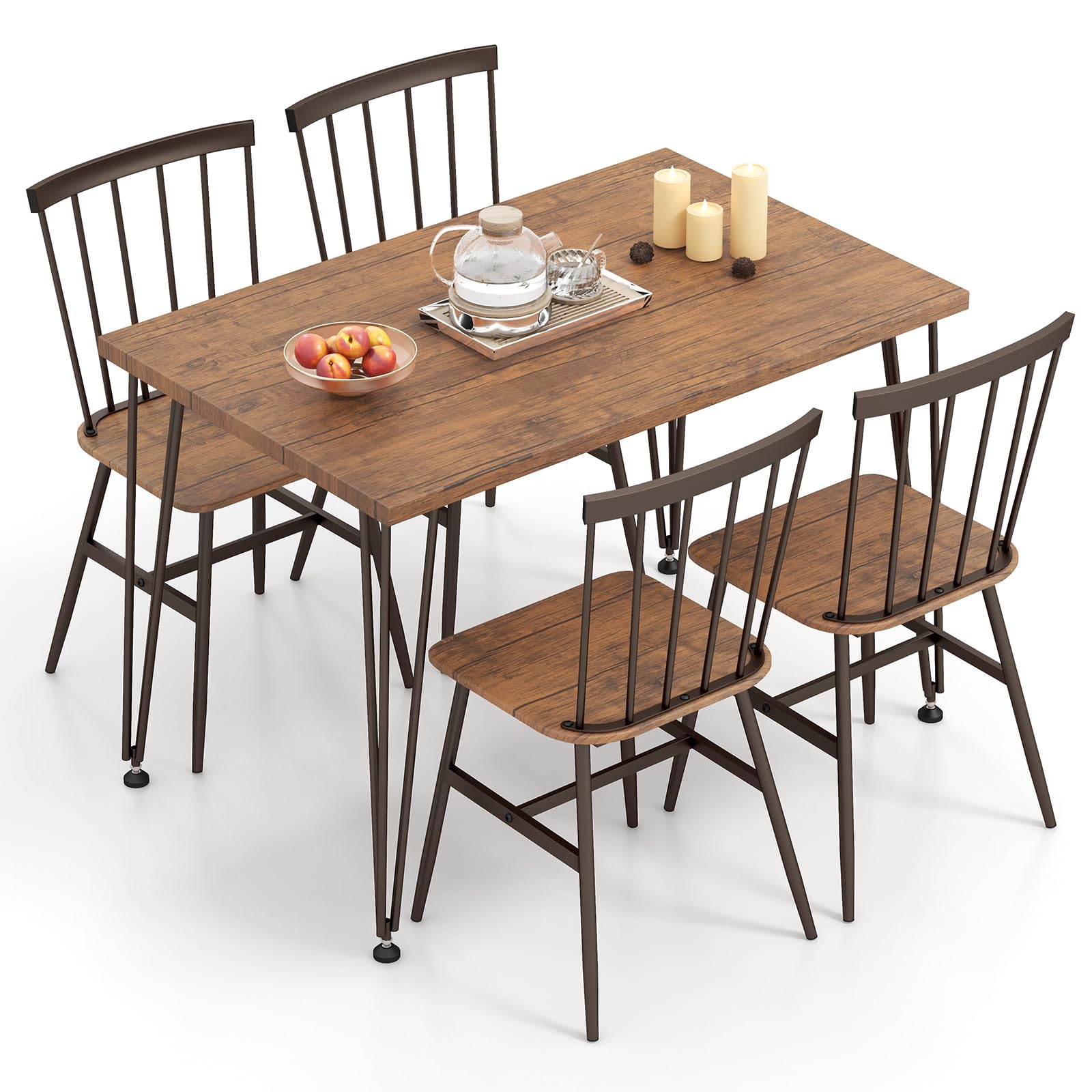 TANGZON Dining Table and Chairs Set 4, 5 Pieces Wooden Kitchen Table and 4 Chairs with High Backrest, Metal Frame Dining Table Set Furniture for Home Dining Living Room Bistro (Walnut)