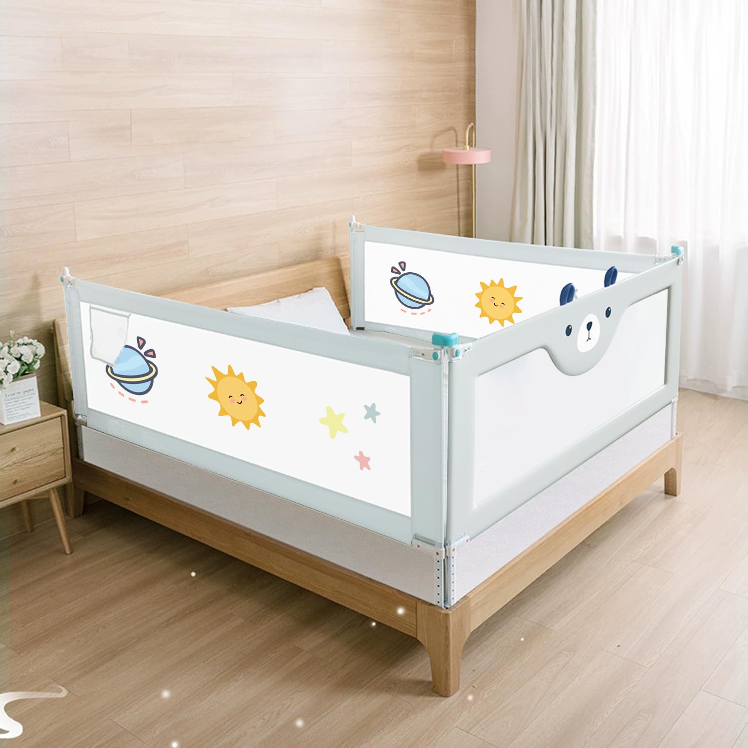 Barrière de Lit Bébé - Barrière de Sécurité 140-200 cm, Réglable 30 Niveaux, Cadre Métallique Anti-Chute, Tissu Respirant Gris Clair avec Motif Mignon, Notice Incluse (160 cm)