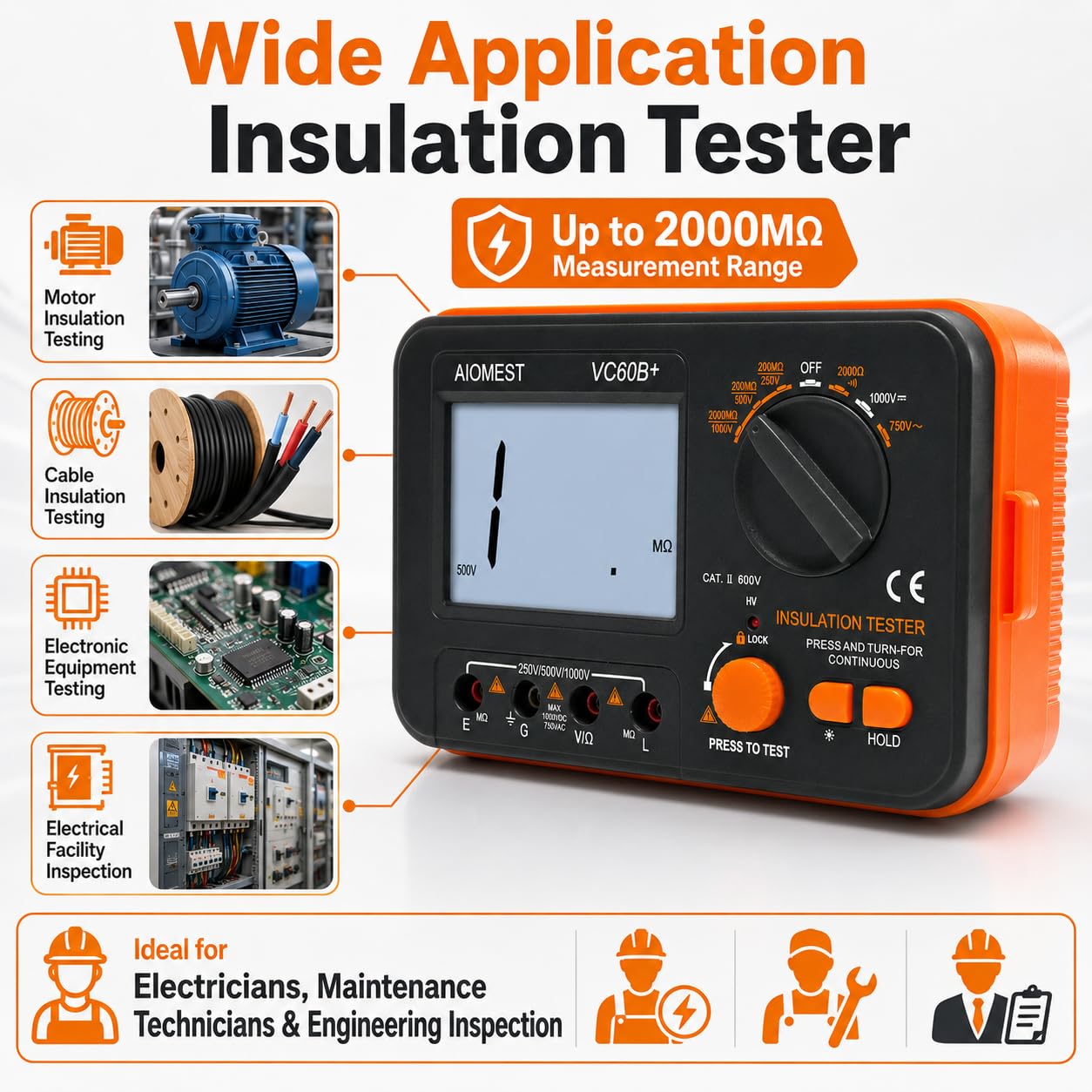 Digital-Megohmmeter 1000V Isolationsmessgerät, AIOMEST Isolationsmesser Isolationswiderstand bis 2 GΩ, mit 250V/500V/1000V Prüfspannung, AC/DC Spannungsmesser, Durchgangsprüfer, CAT III 600V