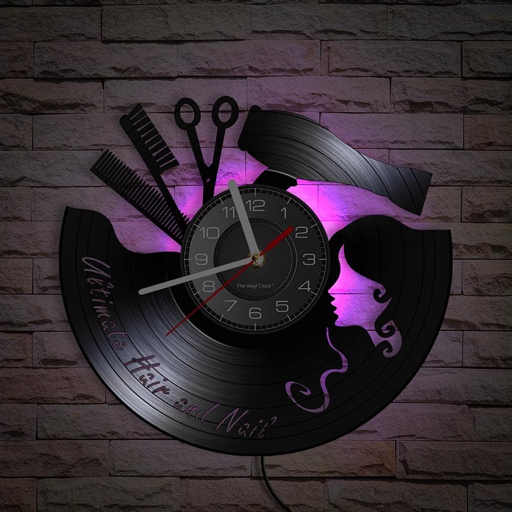 Custom Beauty Salon Name Multi Color LED Light Vinyl Record Wall Clock Lady Hairstylist Personalized Name LED Luminous Silent Clock Retro Album Crafts Watch (with Light, Custom Design)