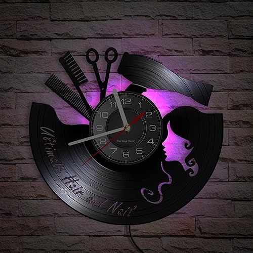 Miniatura 10 de Reloj de pared de disco de vinilo con luz LED multicolor, nombre personalizado, con nombre LED, luminoso, silencioso, reloj retro para manualidades