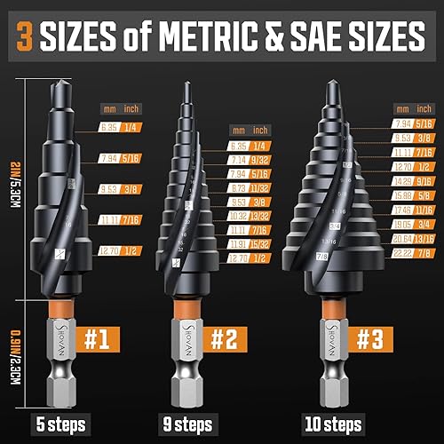 Miniatura 2 de Juego de 3 brocas Unibit escalonadas (14 a 78 pulgadas), cobalto M35, revestimiento TiAlN para una durabilidad superior, taladro de cono en espiral