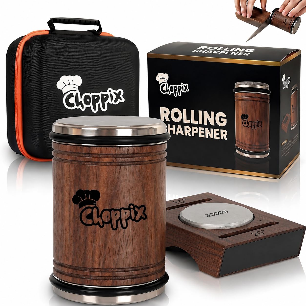 Choppix Walnut Wood Rolling Knife Sharpener with Built-in #3000 Whetstone Base, Carry Bag, 15° & 20° Magnetic Angles, Diamond & Ceramic Honing Disc, Professional Kitchen Roller Knife Sharpening Kit