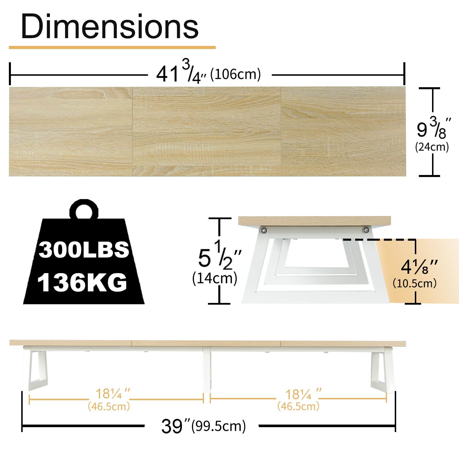 TEAMIX Rialzo per doppio monitor da 106,7 cm, extra lungo, per 2 monitor, in legno e acciaio, per scrivania, organizzazione casa e ufficio (acero, 106,7 cm)