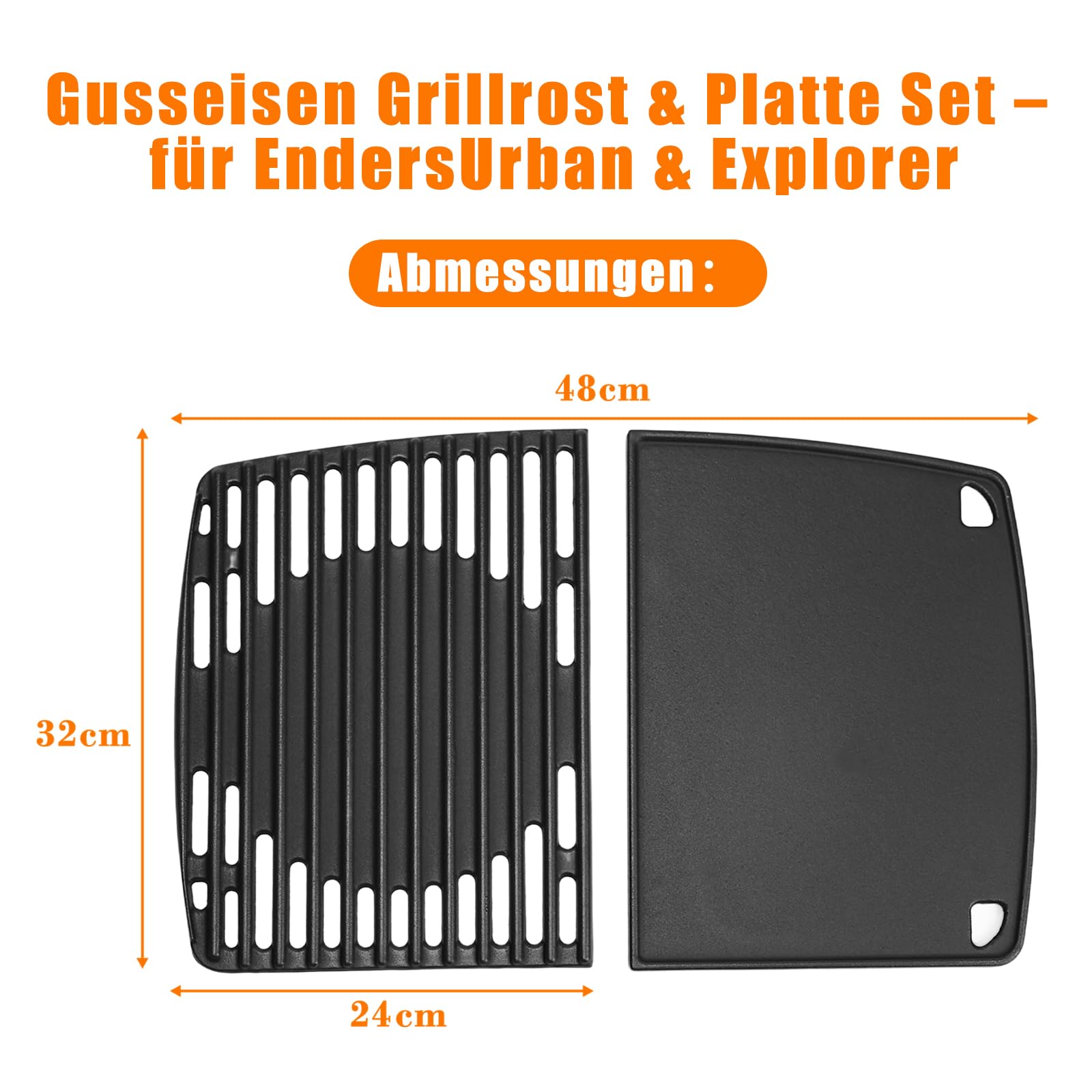 GFTIME 32 x 48cm Gusseisen Grillrost & Grillplatte Set für Enders Urban, Urban Pro, Explorer, Explorer Pro Gasgrill, Massives Gusseisen Wendeplatte, Ersatzteile Grillpfanne für Enders 2075, 2 Stück