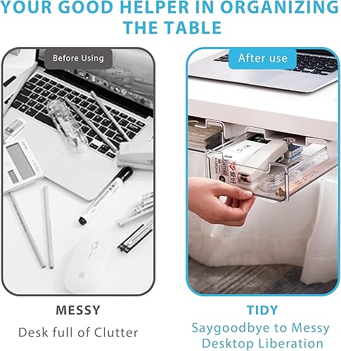 Miniatura 3 de MEHIDFY - Paquete de 2 cajones deslizables debajo del escritorio, cajones de almacenamiento autoadhesivos ocultos debajo del escritorio, accesorios