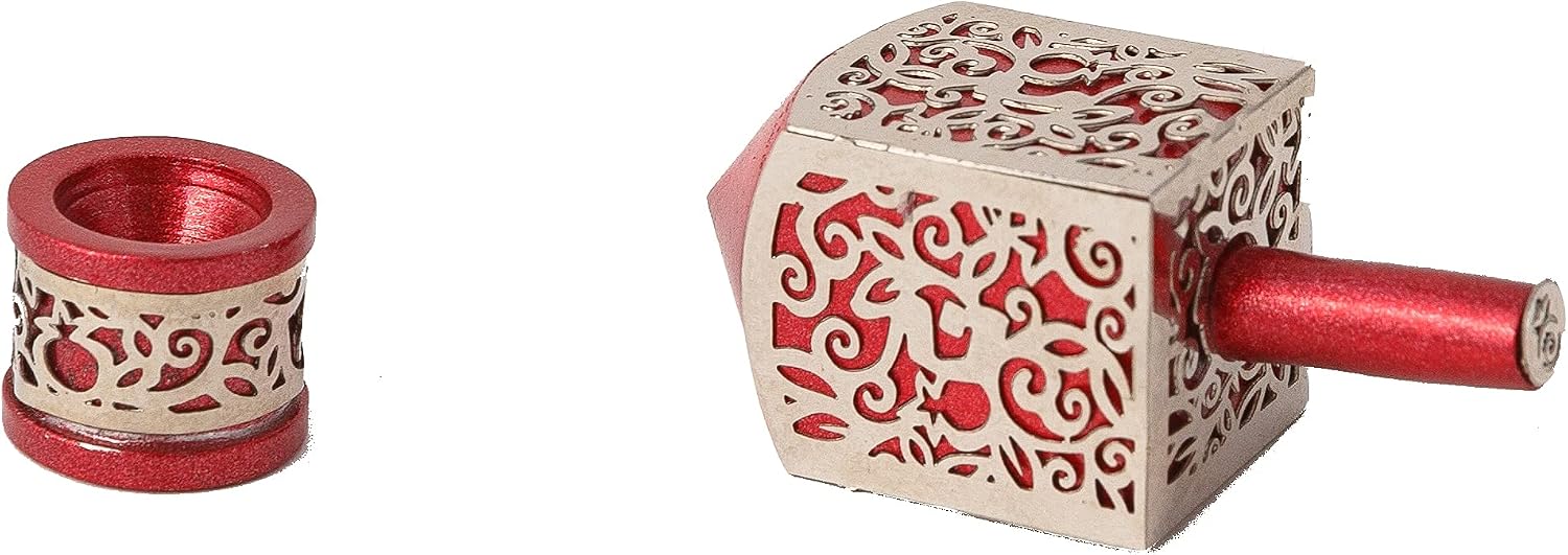 Yair Emanuel Decorative Dreidel with Stand | Pomegranates Cutout Design | Hanukkah Gift Jewish Decorations (Red, Small)