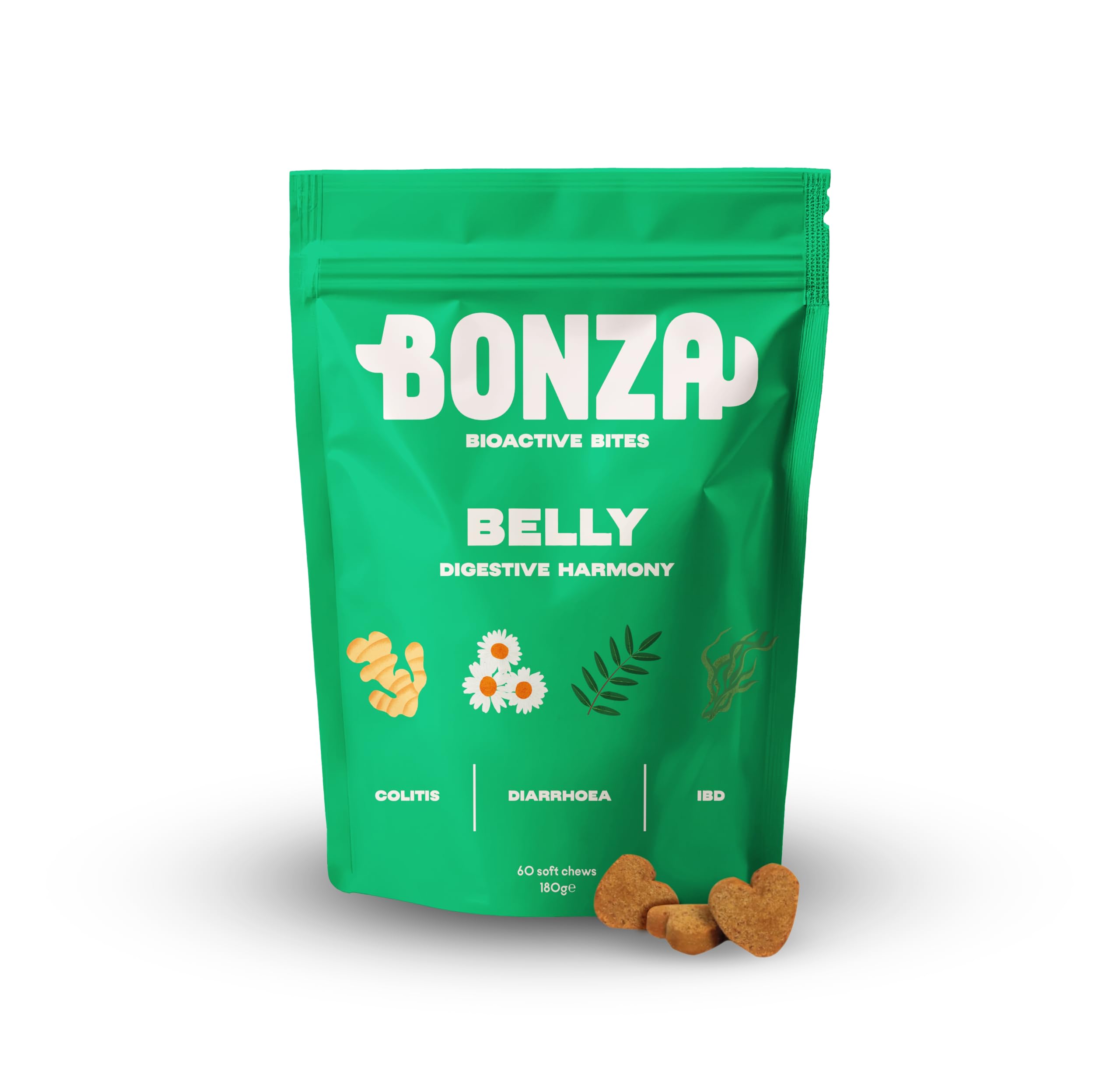 Bonza Pre & Probiotics for Dogs Gut Health and Digestion, Natural Dog Probiotic Supplement with Fibre & Botanicals, Dog Digestive Support Chews, 60 Soft Bites