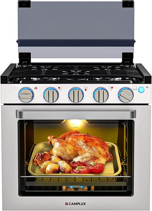 CAMPLUX Classic RV Stove Propane Range 21 Inches, Propane Oven with 3 Burners Cooktop for RV, RV Propane Oven Stove Combo 28,100 BTU/Hr, Stainless Steel RGS21MSF