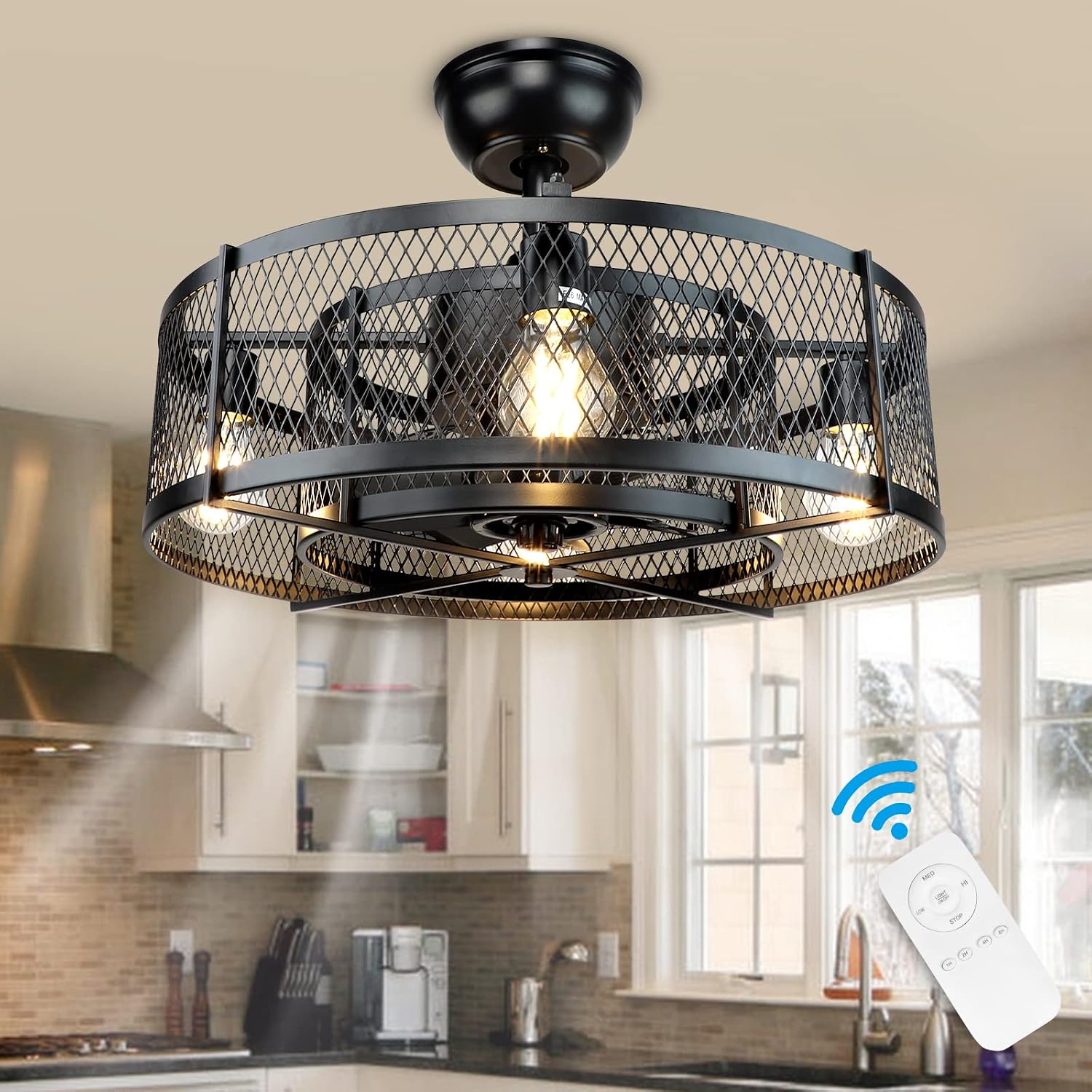 DLLT 20Inch Caged Ceiling Fan with Light, Farmhouse Ceiling Fan Lights with Remote, Industrial Ceiling Fans for Living Room, Bedroom, Kitchen, 3 Speeds Wind, Timer, 4xE26 Bulb Base, Black (No Bulb)