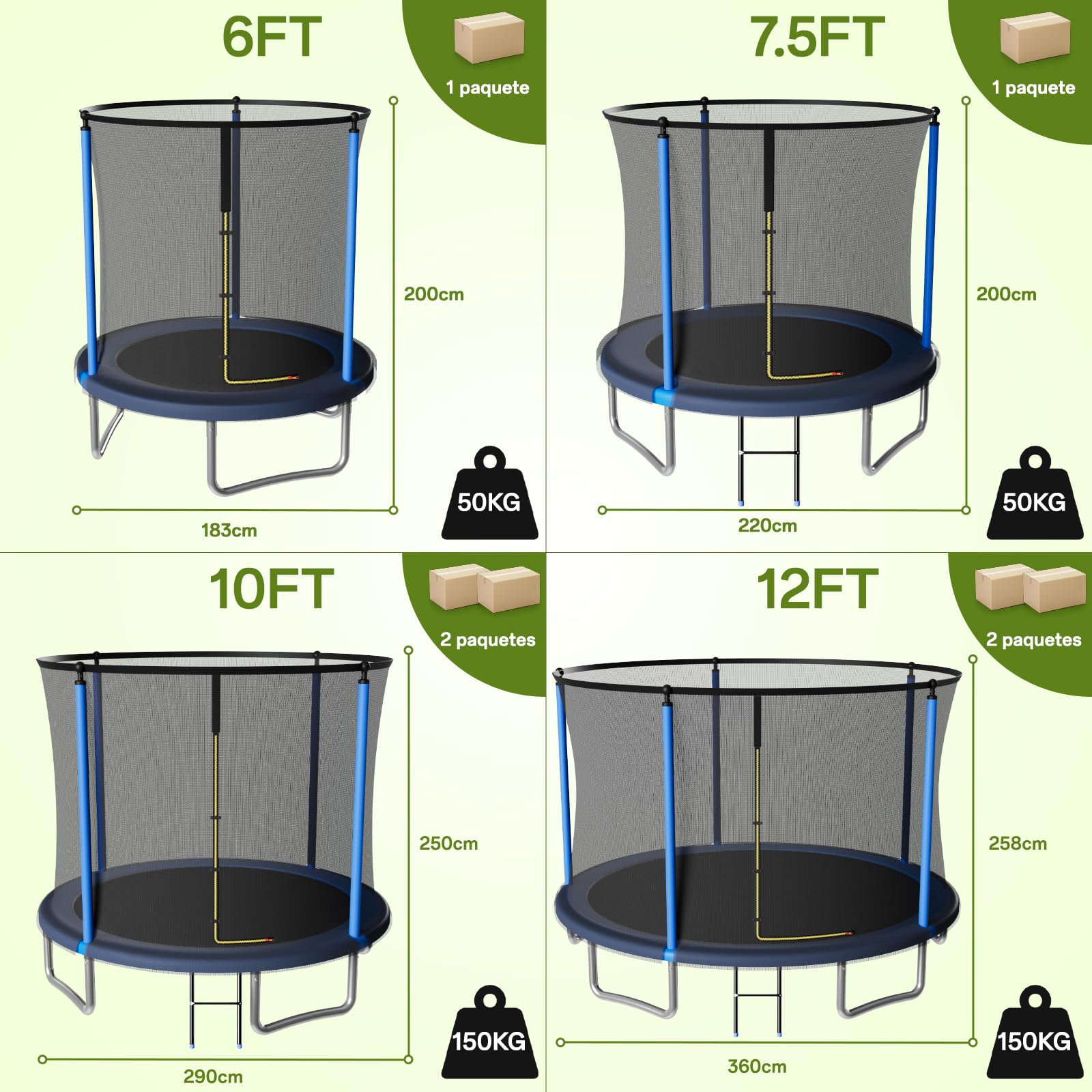 JUMMICO Trampolín para exteriores Ø 183/228/290/360 cm Kit completo con red de seguridad, escalera, funda protectora y accesorios de montaje,Azul 228cm
