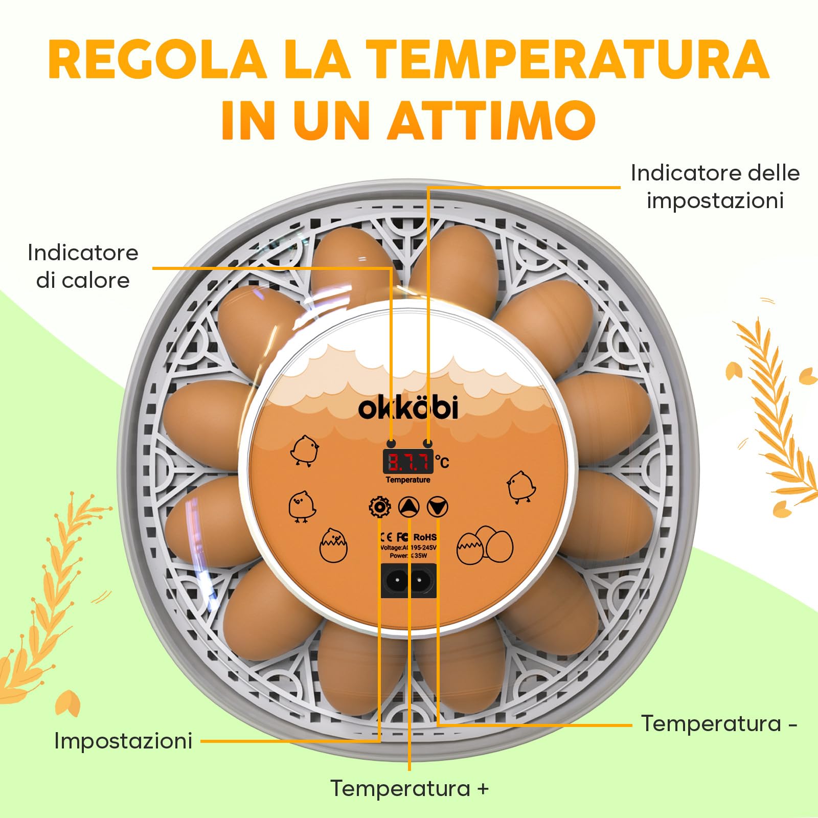 Okkobi M12 - Incubatrice per uova automatica con Girauova Automatico e Controllo Umidità - Incubatrice uova gallina - 12/24 uova, vista a 360°, facile da usare e pulire - Bianco e arancione