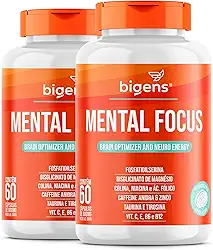 Mental Focus, Fosfatidilserina, Tirosina, Taurina, Caféina, Magnésio Glicina, Colina e vitaminas, Bigens, 60cps (Kit 2)