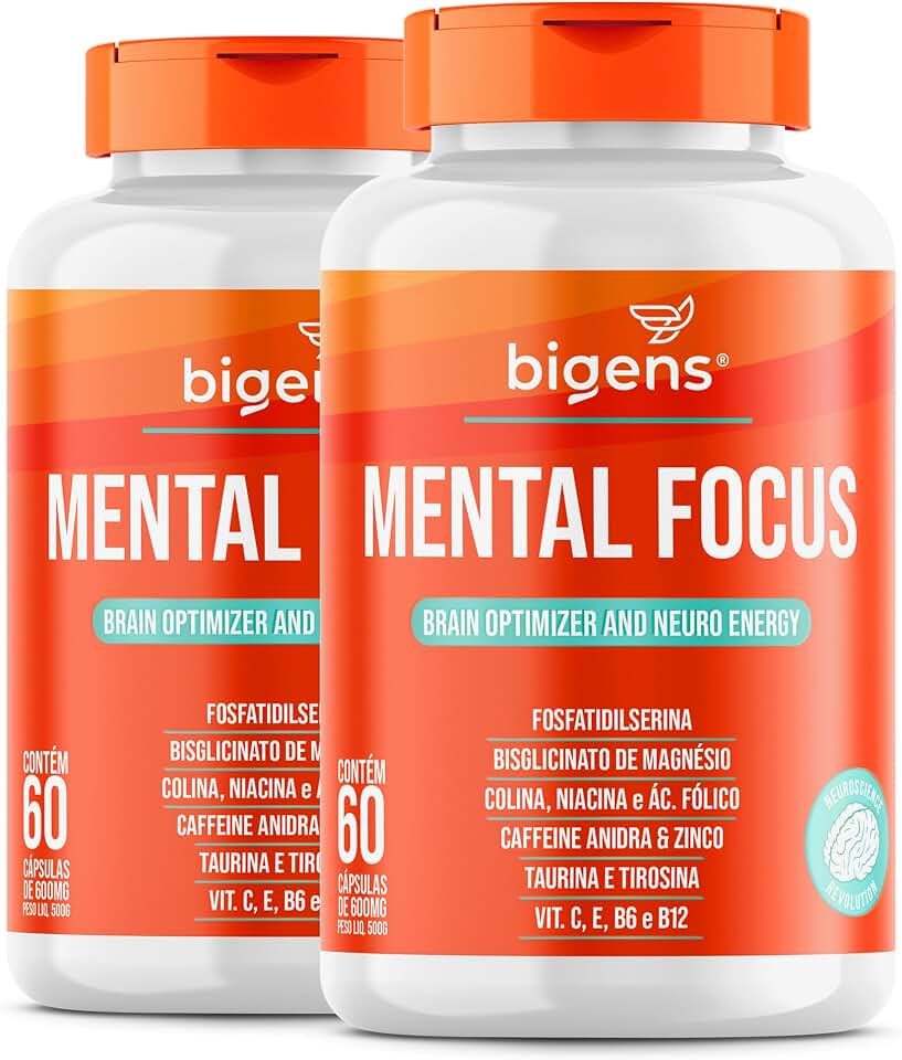 Bigens Mental Focus, Fosfatidilserina, Tirosina, Taurina, Caféina, Magnésio Glicina, Colina e Vitaminas, 60 Cápsulas, Kit com 2 Unidades