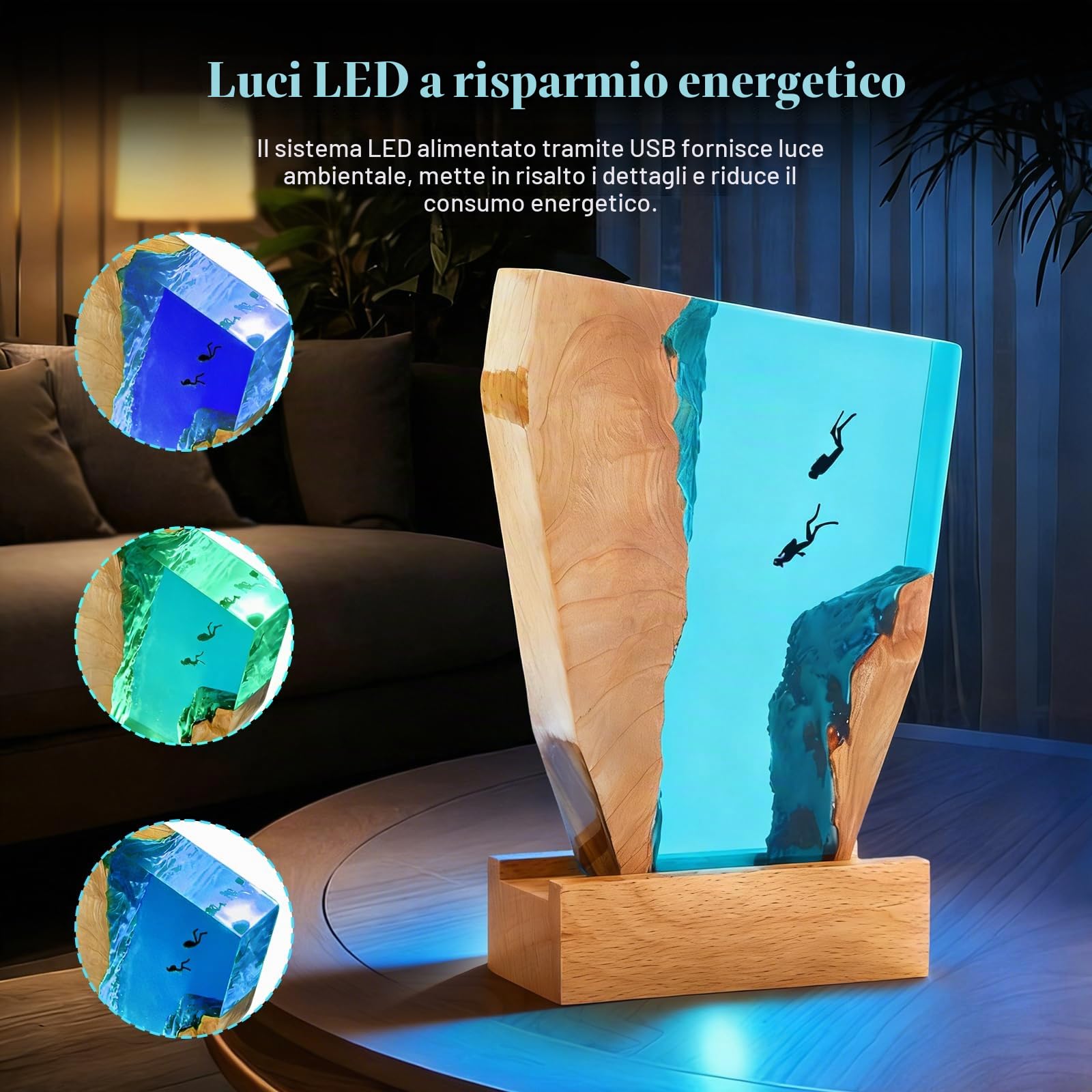 Luce Notte Resina, Luce Lampada Notturna 3D Oceano in Resina, Lampada Oceanica LED Subacqueo Base in Legno, Epossidica Paesaggio Sottomarino, Decorazion per Cameretta Soggiorno Ufficio