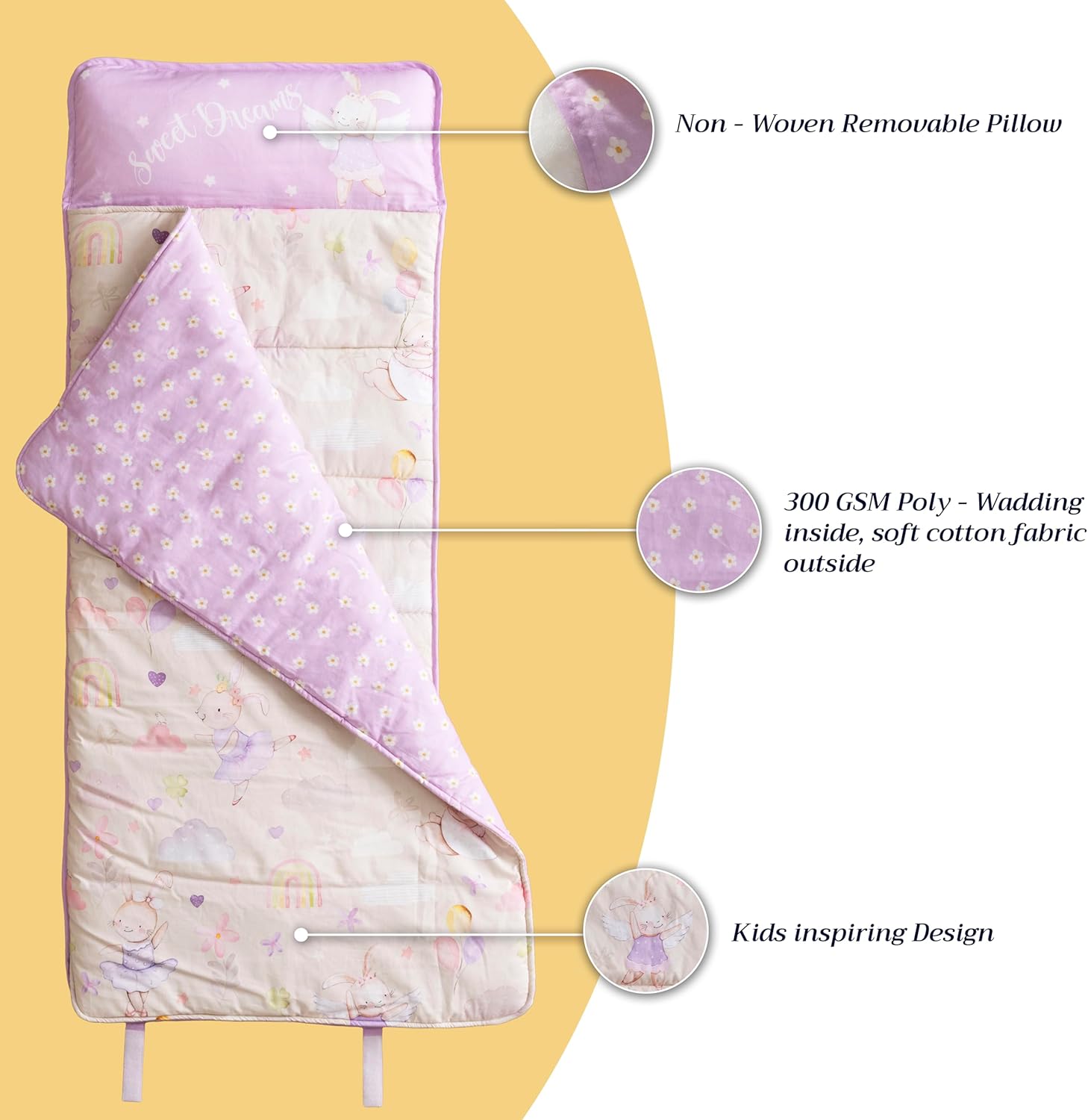 Maison d' Hermine Nap Mat with Reusable Pillow and Blanket 55" x 27" x 1.5" for Boys & Girls Daycare Sleeping mat with Shoulder Carry Straps Cotton Fabric and Poly Filling