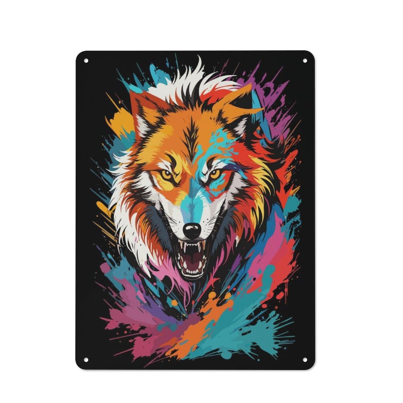 Junmoney Wolf Head Graffiti Style Metal Wall Sign 40X30cm Featuring For Home Bar Wall, For Themed Interiors In Home Bars And Entertaining Spaces