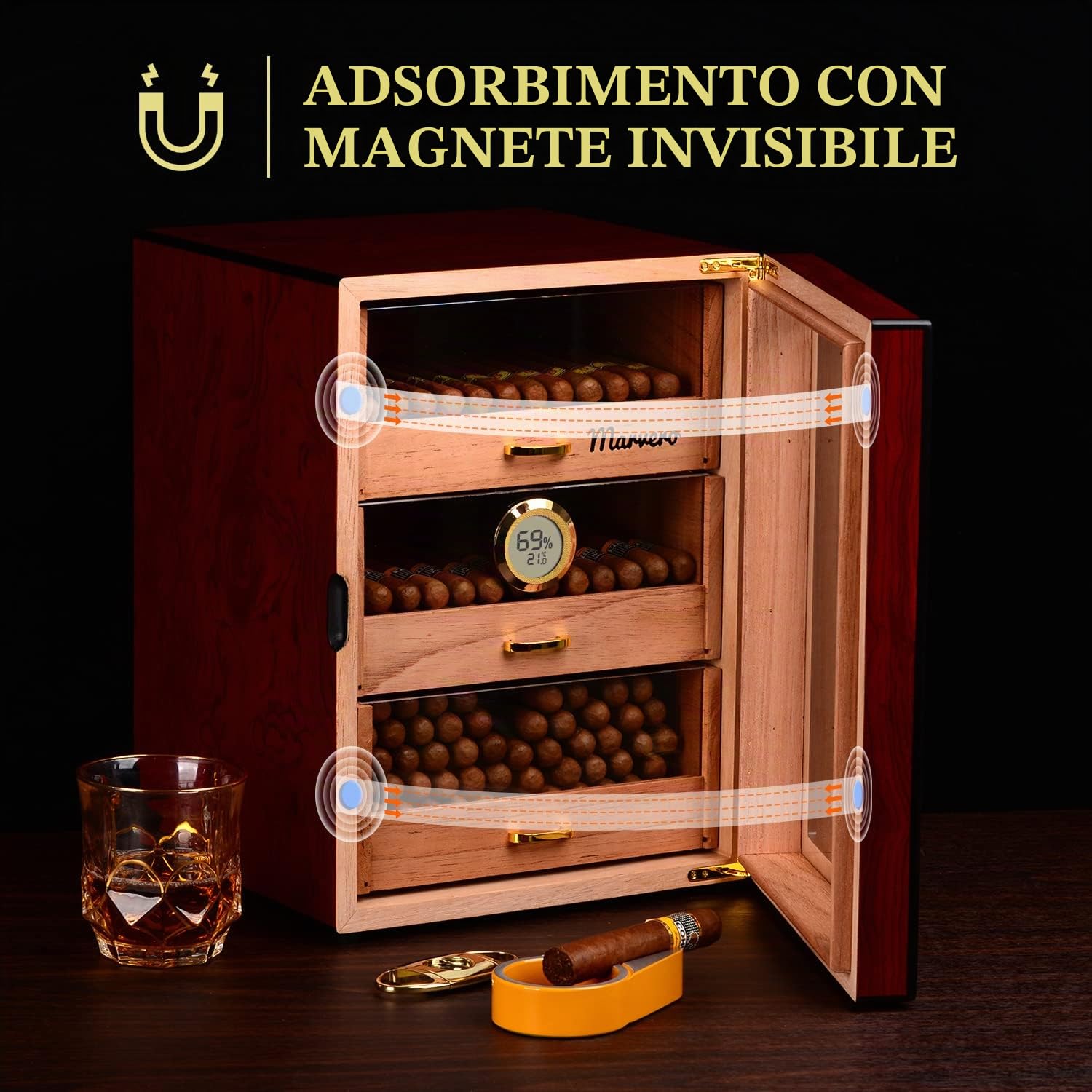 Humidor in Cedro Fatto a Mano, 150 Sigari, Igrometro | 3 cassetti in cedro, doppia porta in vetro, igrometro digitale e umidificatore; armadio artigianale per 150 sigari
