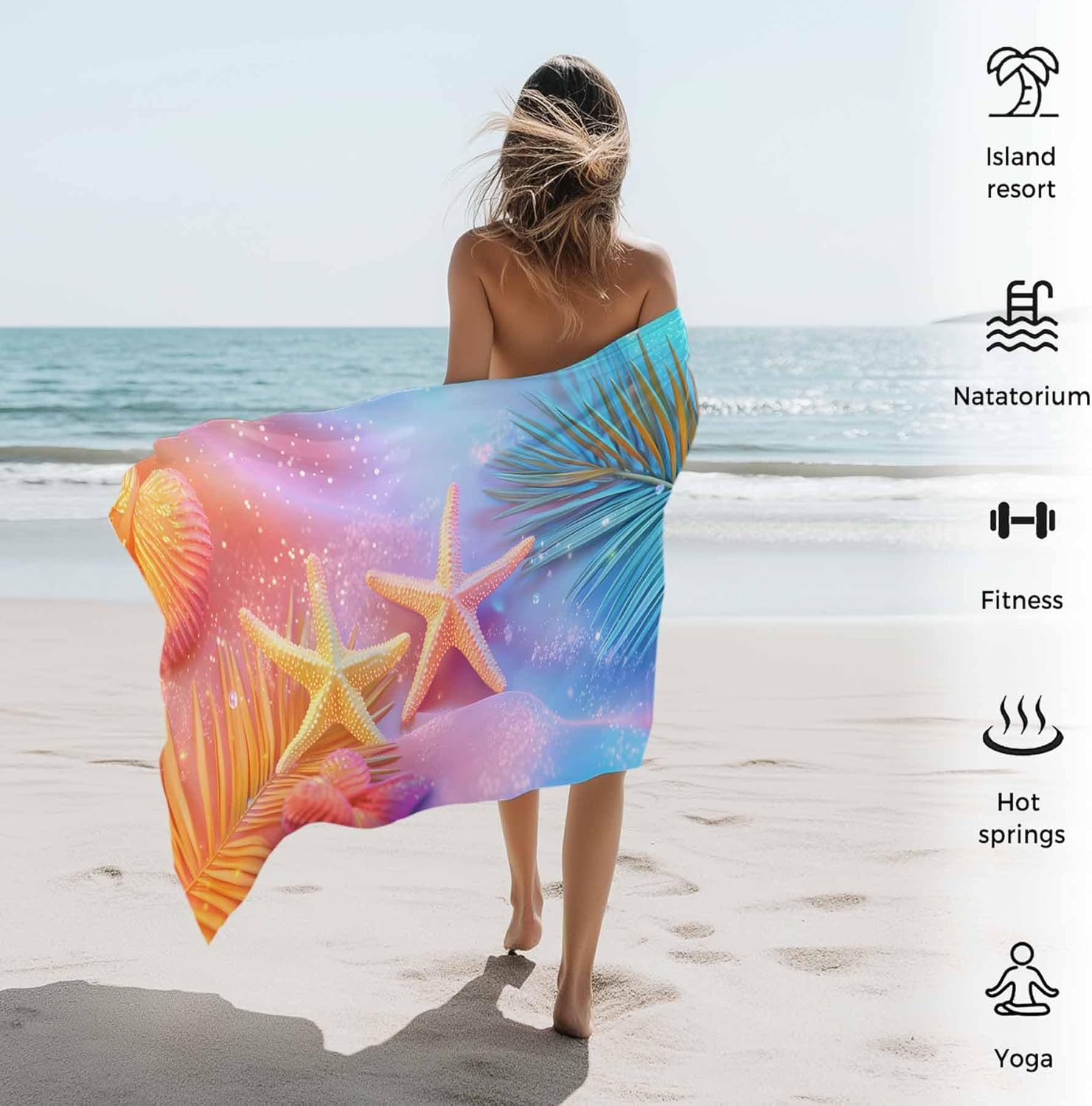 Summer Dreamy Ocean Beach Towel 30" x 60" Starfish Shells Palm Leaves Quick Dry Sand Free Pool Towels Soft & Absorbent Compact Towels Beach Accessories for Travel Bathroom Swimming Pool